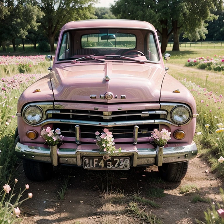 Cute pink old style struck with side steps on the tailgate in a field of flowers