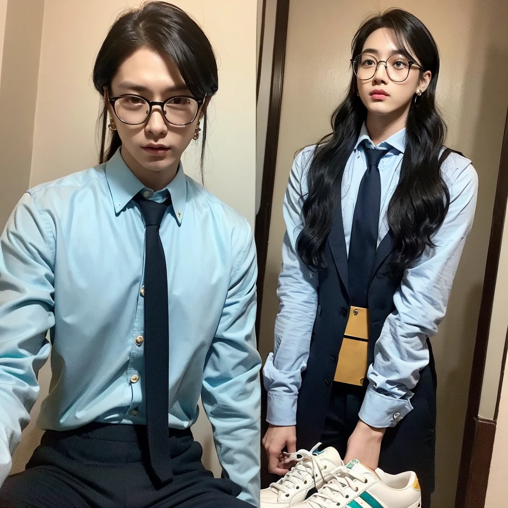 a tall young man with an average build and a paler complexion. He has dark blue, wavy, tousled hair with long bangs that cover his forehead and the tips of his hair curved. It is shoulder-length with turquoise streaks on the left side. He has gold eyes. He wears a white collared shirt, a green tie, black shoes, and dark pants. He also wears large, black-rimmed glasses, and dark blue stud earrings.