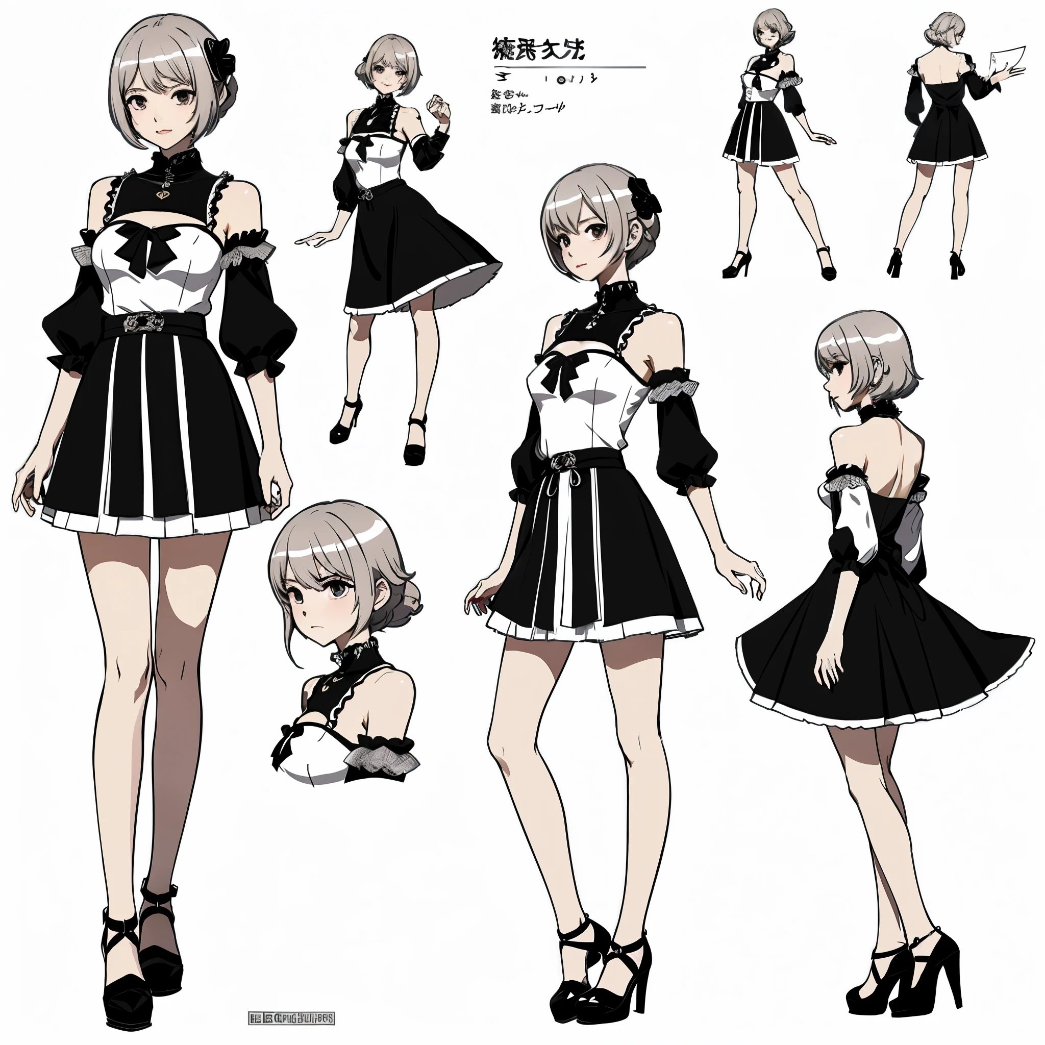 ((masutepiece)), (Highest Quality))), (CharacterDesignSheet, National Costume, Same character, front, Side, Back), Illustration, 1 girl, Full body, Silver hair, Eye hair, Beautiful eyes, Princess Cut, environment change scene, Short skirt, Shyness, Woman, girl, Standing, Gothic lolita, v tuber, Charter Betarola, (Simple background, White background: 1.3) ( masutepiece:1.2), (Best Quality:1.3)