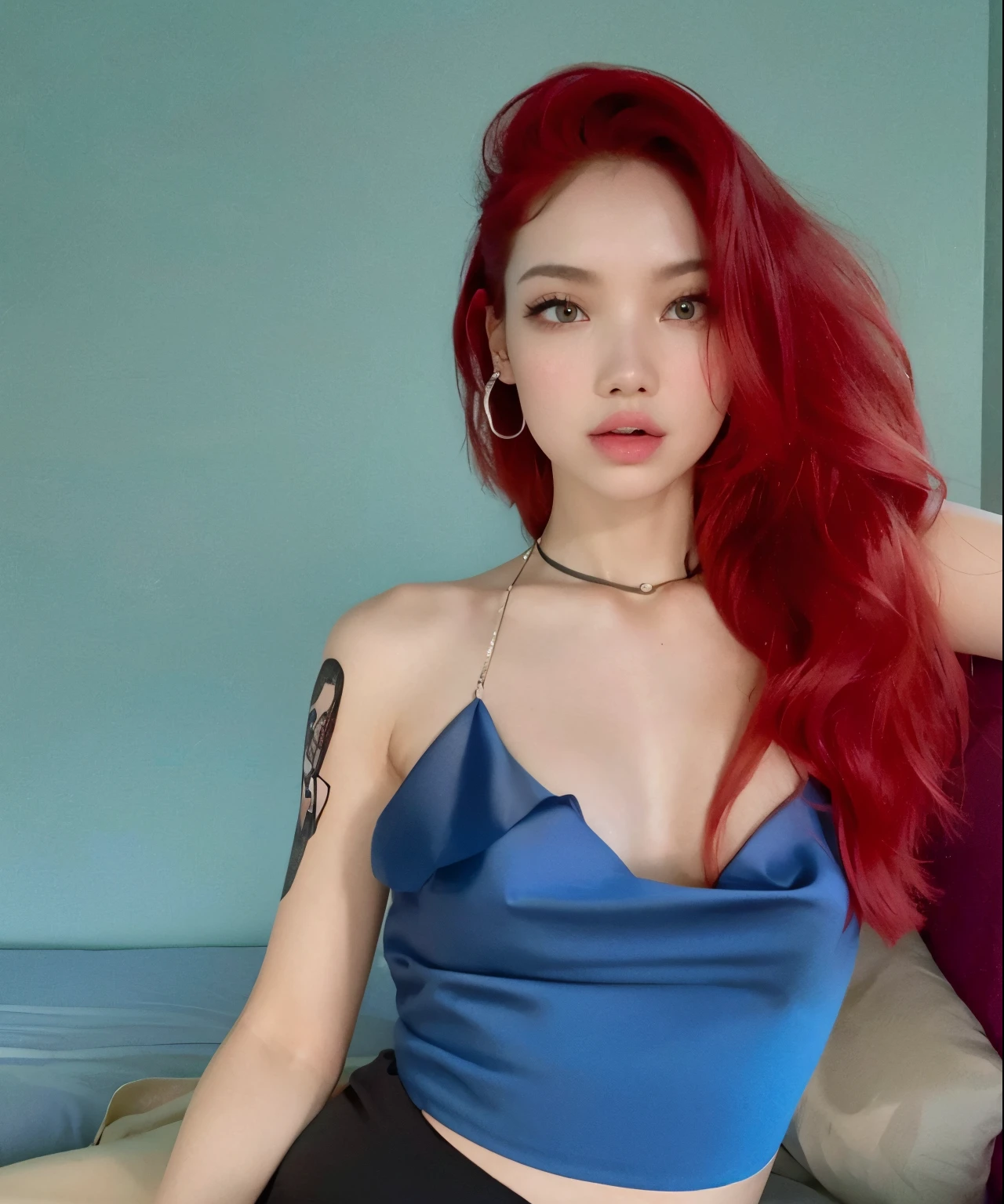 lisa do blackpink arafed com cabelo vermelho e top azul sentado em uma cama, Amouranth, com cabelos ruivos, com cabelos ruivos cacheados, com longos cabelos ruivos, Deusa dos cabelos ruivos, Tons de Azure e Vermelho, ela tem cabelos ruivos, Anna Nikonova aka Newmilky, red hair and attractive features, red head, mais conhecido como Amouranth, red hair