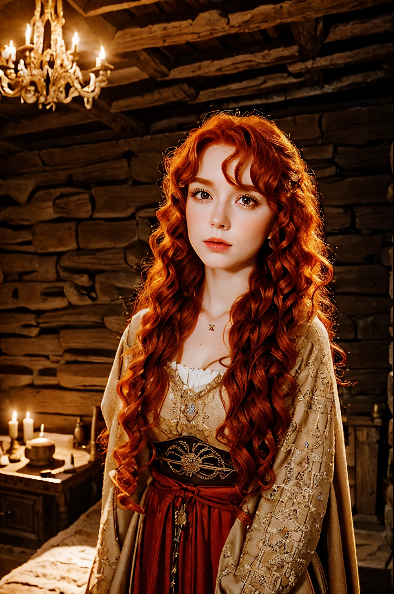 Beautfull redhead girl with curly hair, wearing medieval dress, in a medieval castle room