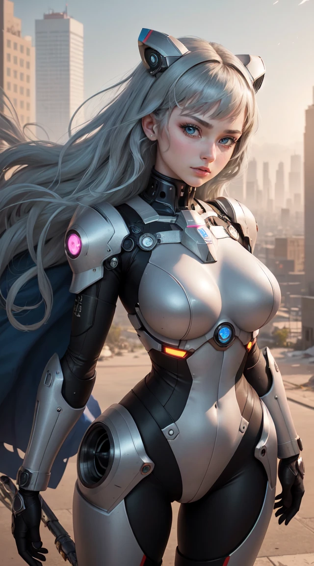 uma menina mecha,metallic and futuristic,com luzes neon refletidas em sua armadura brilhante.Detalhes inspirados em anime,como olhos grandes e expressivos e cabelos esperados.Your face is made of complex machines and advanced technology,improving your robotic appearance.She stands tall,com uma pose confiante e poderosa,ready for action.The mecha girl is surrounded by a post-apocalyptic cityscape,with imposing skyscrapers and flying vehicles.Additional details include smoke and sparks emitted by its thrusters,creating a dynamic and energetic atmosphere.The overall image quality is of the highest standard,with ultra-detailed rendering and vivid colors.HDR lighting highlights metallic surfaces and creates dramatic contrasts.