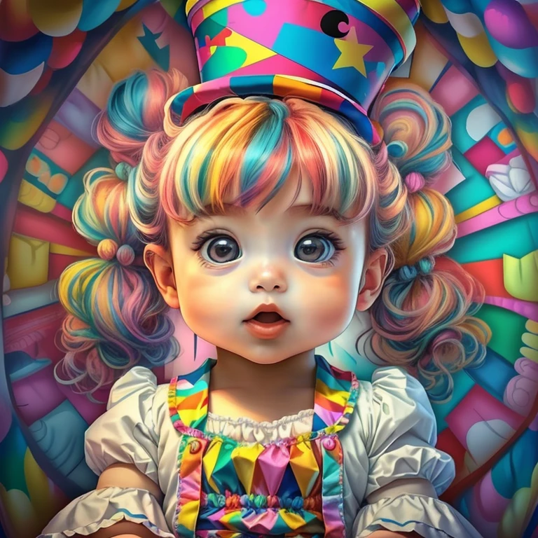 (cute baby girl with top hat and ponytails in a circus tent),(melhor pose),(best angle), (better expression), Eduardo Kobra acolchoamento ,multidimensional geometric wall PORTRAIT, arte, Chibi,
Yang08k, lindo, Colouring,
Primary works, qualidade superior, melhor qualidade, Arte Oficial, Beautiful and Aesthetic, pelos coloridos,