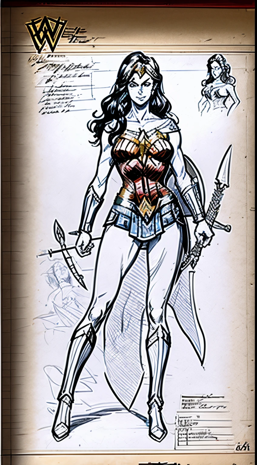 On old drawing of wonder woman showing a full body sketch of her and her weapons, colorless sketch on old paper, wonder woman, weapon skethes, drawn like an old manuscript, lasso of truth, amazon sword, circular shield, faded sketch