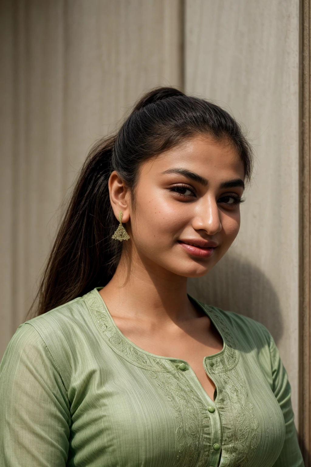  girl named mouni roy, high ponytail, wearing light green kurti, smirking, without makeup, closeup portrait photo