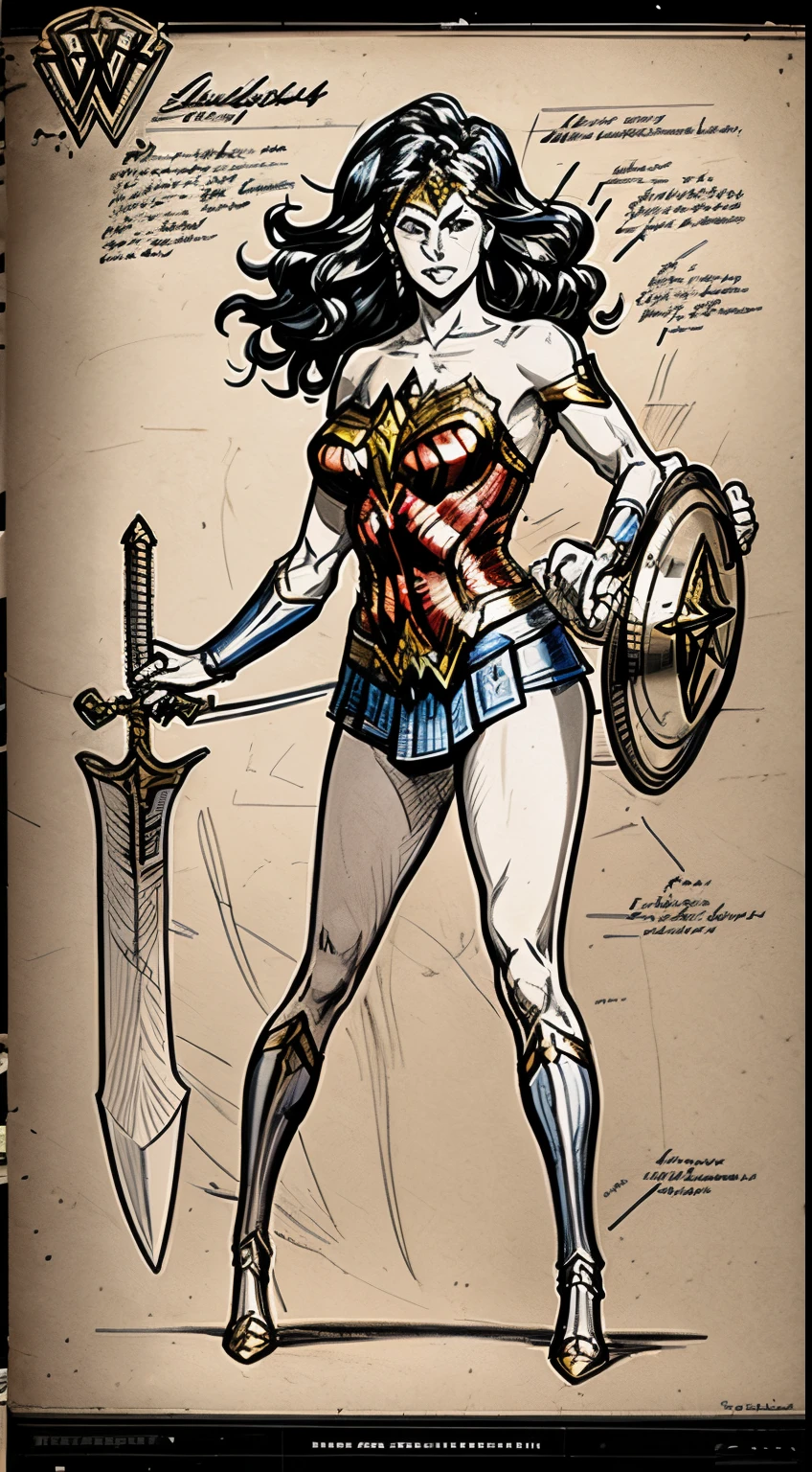 On old drawing of wonder woman showing a full body sketch of her and her weapons, colorless sketch on old paper, wonder woman, weapon skethes, drawn like an old manuscript, lasso of truth, amazon sword, circular shield, faded sketch