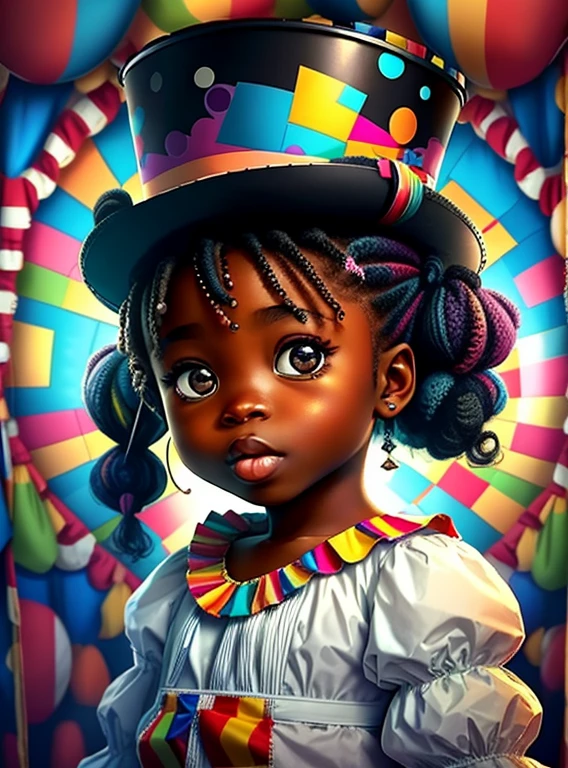 (cute black girl with top hat and ponytails in a circus tent),(melhor pose),(best angle), (better expression), Eduardo Kobra acolchoamento ,multidimensional geometric wall PORTRAIT, arte, Chibi,
Yang08k, lindo, Colouring,
Primary works, qualidade superior, melhor qualidade, Arte Oficial, Beautiful and Aesthetic, pelos coloridos,