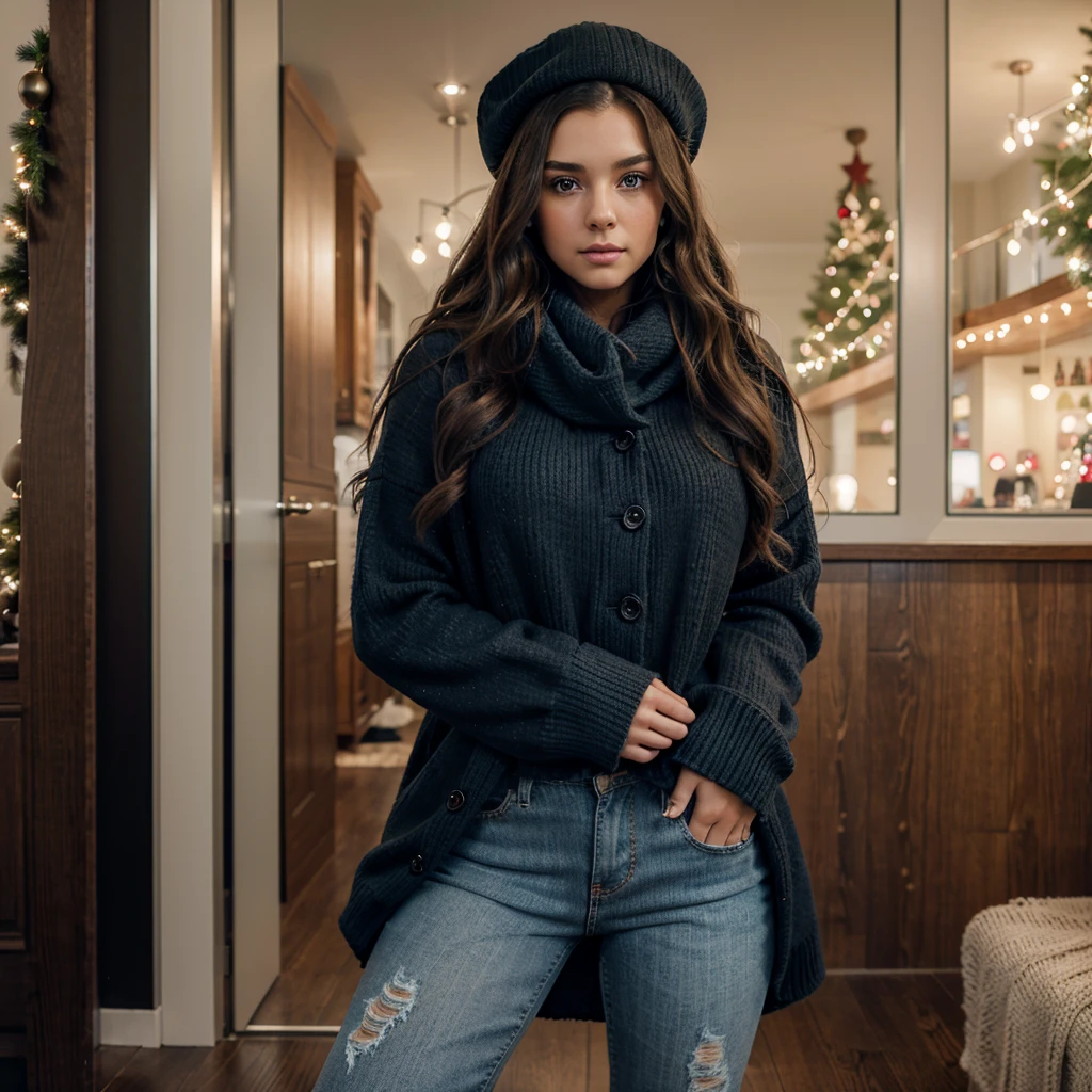 Young-Adult Female With Long Brown Hair And Dark Blue Eyes. Unreal Engine, Cute, Dress, Seductively Looking Into The Camera, Realistic, Sexy, Attractive., Hyper Detailed, Hyperrealism, Radiant, woman in a hat and coat standing in front of a Christmas tree, A trendy young woman donning distressed high-waisted jeans paired with a cozy oversized sweater, accessorized with a chunky scarf and ankle boots. Her hair styled in loose waves, exuding effortless style.