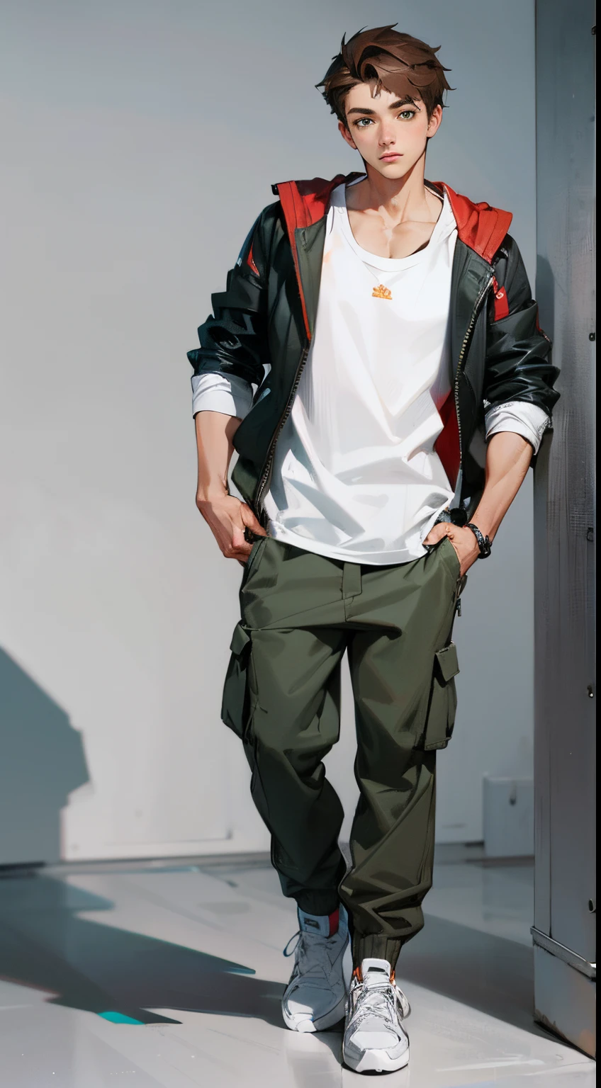 Male teen, brown hair, green eyes, white t-shirt with sleeves, black/red sleeveless jacket, grey cargo pants, white sport sneakers, full body, standing, 4k, realistic, white background, posing, european