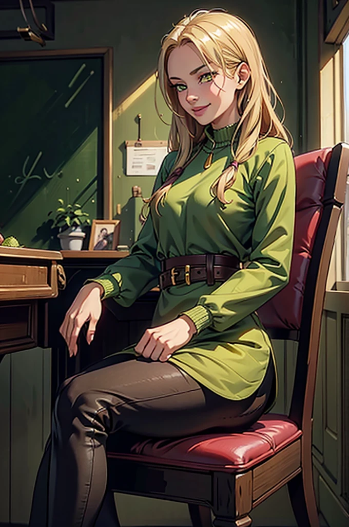 1girl, solo, , loose blond hair, wearing velvet red leggings and green sweather, sitting on a chair in classroom, crossing legs, smiling embarassed, side view, bare forehead, hooked nose, puffy cheeks, small breast, alluring, flirty, confident, scornful look, malicious smirk, detailed face, detailed yellow eyes, detailed irises, thick fleshy lips, medieval, high res, best quality, ultrasharp, 8K, cinematic, green wall behind