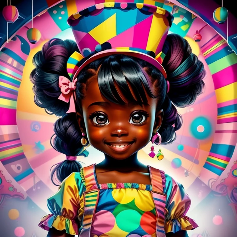 (cute black baby girl smiling with pink top hat and ponytails in a circus tent),(melhor pose),(best angle), (better expression), Eduardo Kobra acolchoamento ,multidimensional geometric wall PORTRAIT, arte, Chibi,
Yang08k, lindo, Colouring,
Primary works, qualidade superior, melhor qualidade, Arte Oficial, Beautiful and Aesthetic, pelos coloridos,