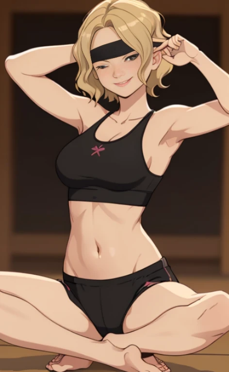 A beautiful blonde barefoot woman, with short wavy hair, wearing a black blindfold, a black sportsbra and sportsshorts, doing the yoga lotos pose, looking happy.