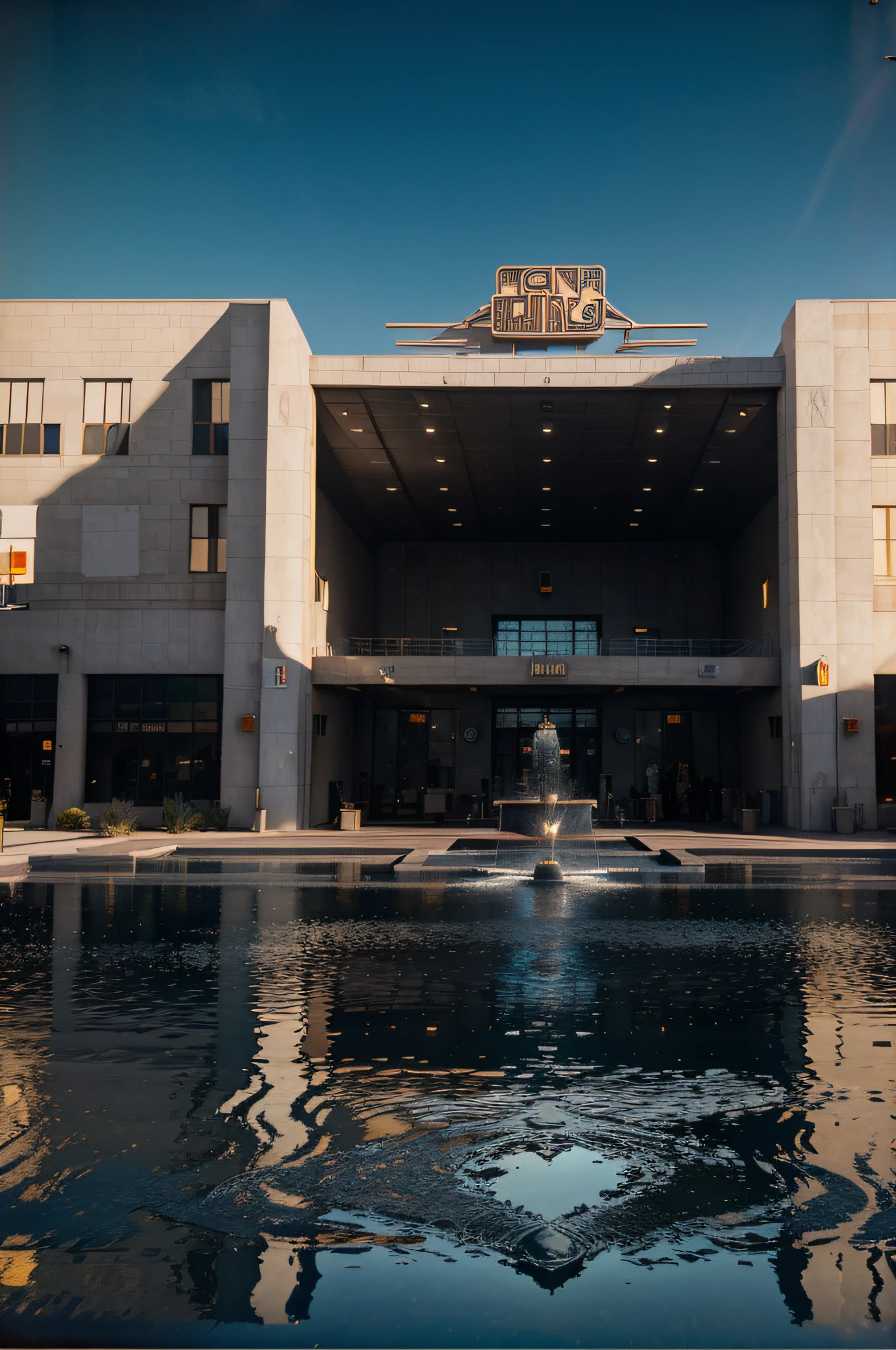 modern factory, dark facade, desert background, fountain at entrance, oil painting, from above, Color Field painting, American propaganda poster, Art Deco, Futurism, modern, ray tracing, ray tracing, ray tracing, vignetting, glowing light, reflection light, sparkle, cinematic lighting, wide shot, panorama