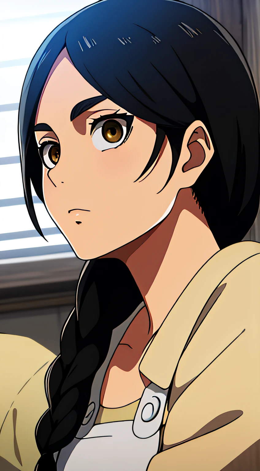 Camisa amarilla,escote, 鎖骨, mangas largas,Delantal blanco, cabello negro, brown eyes, flequillo, single braid, 1 girl in, 20yo,Mujer joven,hermoso cuerpo,Hermosa nariz,Beautiful character design, ojos perfectos, Cara perfecta,ojos expresivos, Mirando al espectador, En el centro de la imagen,(superior_cuerpo),(primer plano),(Focus on her face), Arte Oficial,fondo de pantalla CG 8k extremadamente detallado,