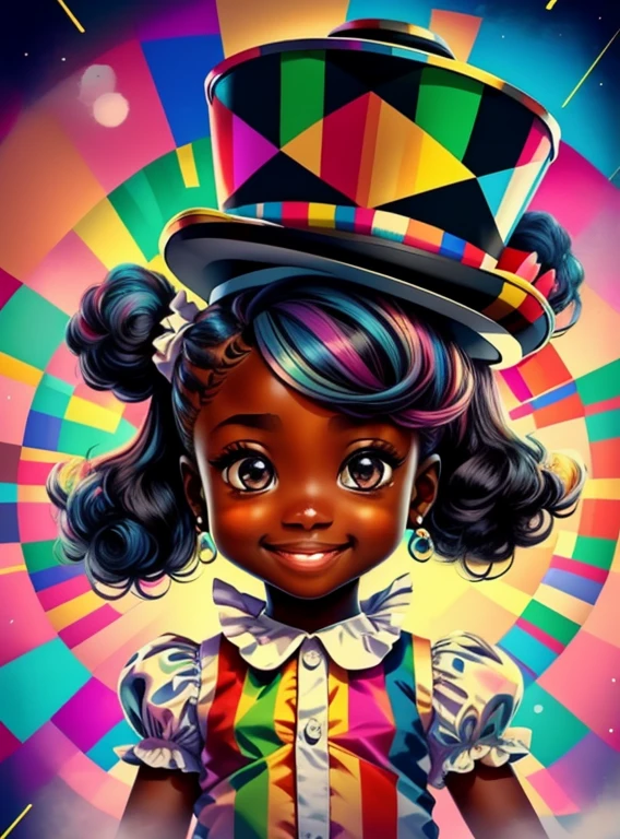 (cute black baby girl smiling with top hat and ponytails in a circus tent),(melhor pose),(best angle), (better expression), Eduardo Kobra acolchoamento ,multidimensional geometric wall PORTRAIT, arte, Chibi,
Yang08k, lindo, Colouring,
Primary works, qualidade superior, melhor qualidade, Arte Oficial, Beautiful and Aesthetic, pelos coloridos,