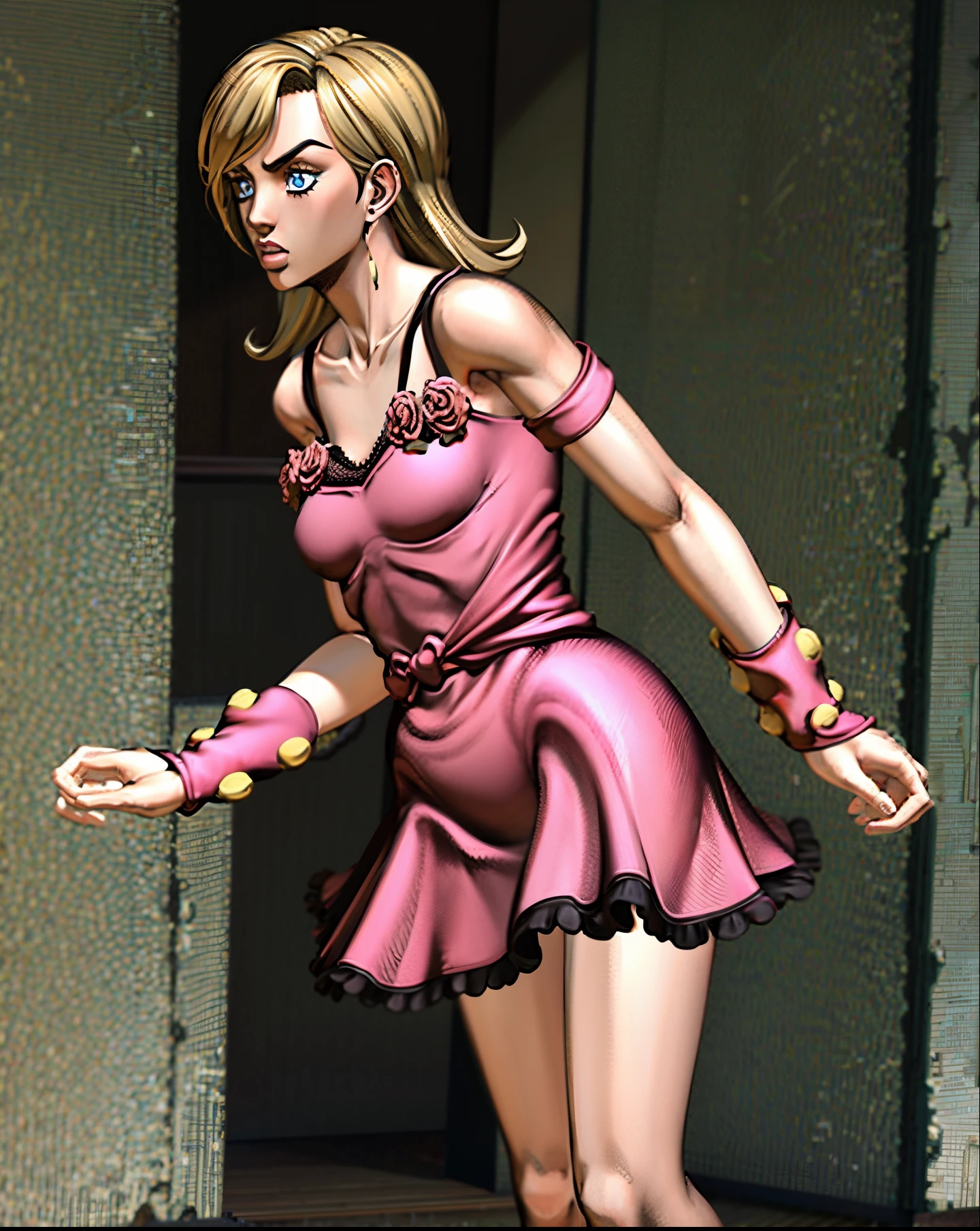 masterpiece, best quality, lucy steel, 1girl, blonde hair, blue eyes, pink dress, pink arm warmers, All-Star_R Style, fake screenshot