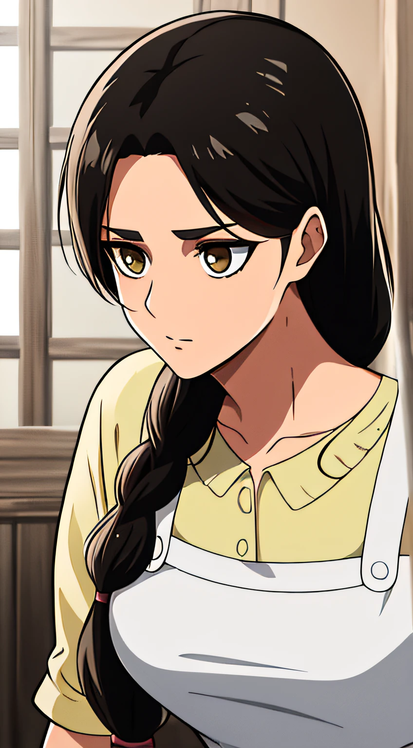 Camisa amarilla,escote, 鎖骨, mangas largas,Delantal blanco, cabello negro, brown eyes, flequillo, single braid, 1 girl in, 20yo,Mujer joven,hermoso cuerpo,Hermosa nariz,Beautiful character design, ojos perfectos, Cara perfecta,ojos expresivos, Mirando al espectador, En el centro de la imagen,(superior_cuerpo),(primer plano),(Focus on her face), Arte Oficial,fondo de pantalla CG 8k extremadamente detallado,