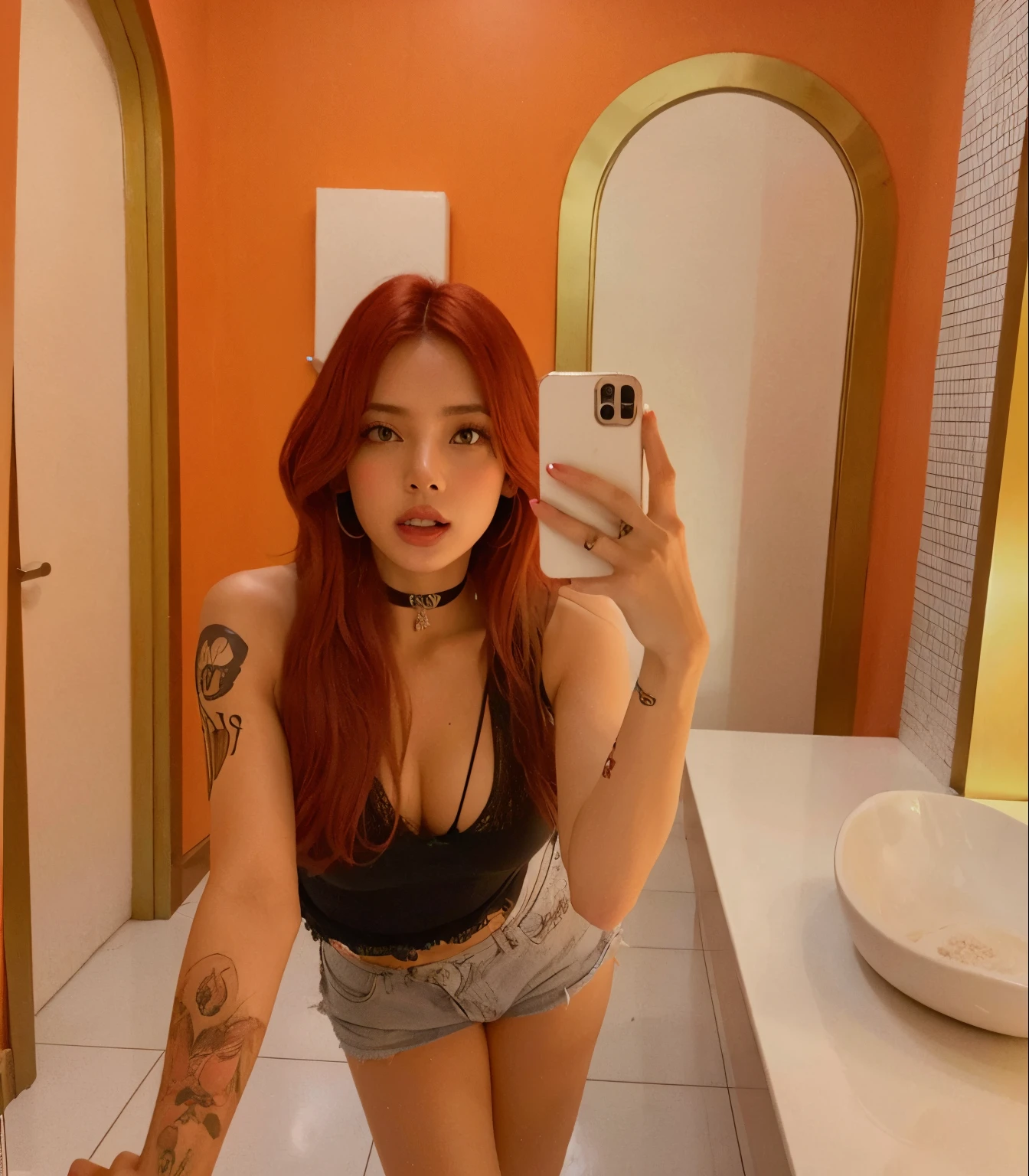 Lisa do blackpink tirando uma selfie em um banheiro com espelho, 18 anos, angelawhite, com cabelos ruivos, 1614572159, red hair and attractive features, 21 anos, Amouranth, red head, Deusa dos cabelos ruivos, Angiewolf, Lilith, ela tem cabelos ruivos