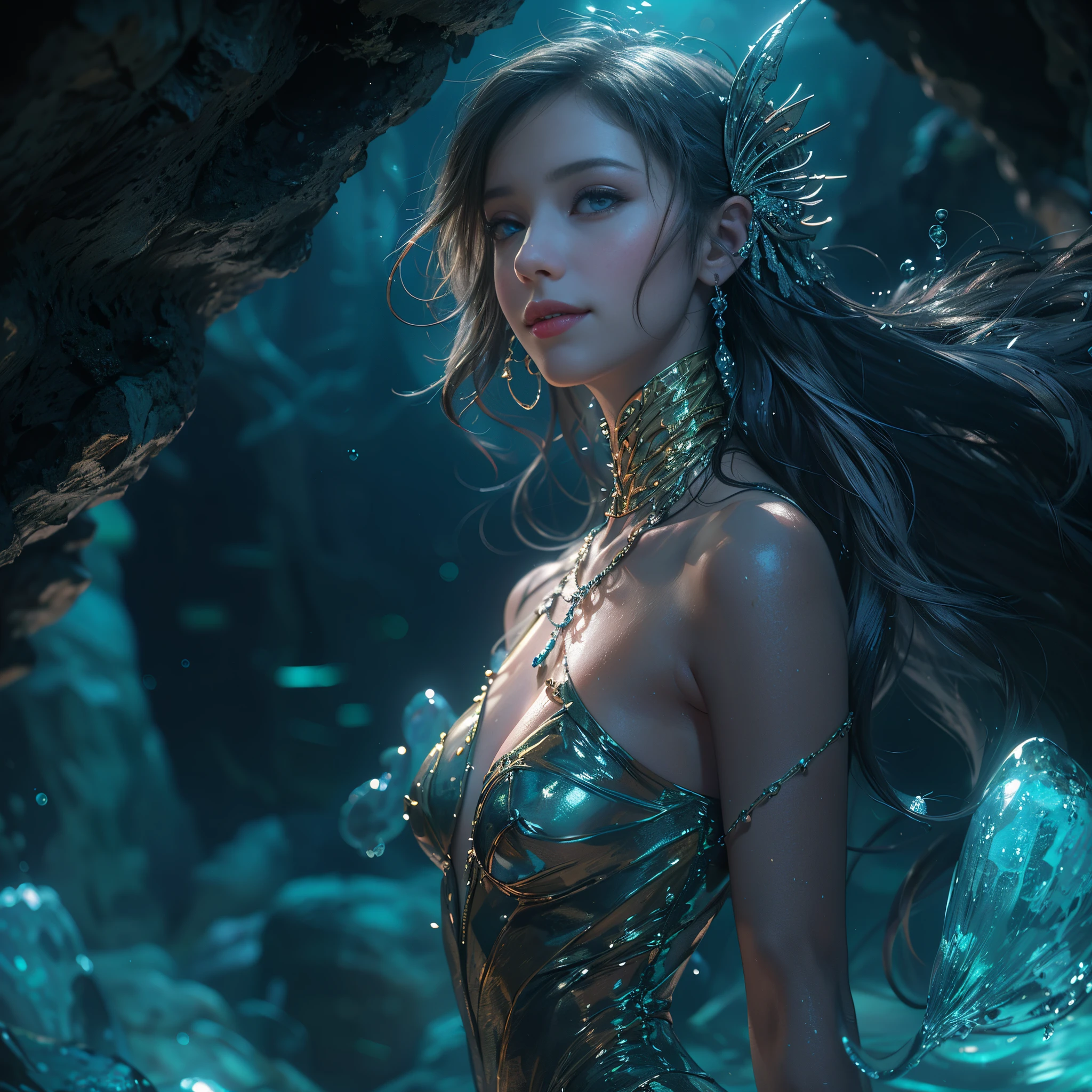 (Best quality, 8k, 32k, Masterpiece, UHD:1.2) water nymph welcomes you to her private cavern, deep underground, subterranean, jewelry, clothed, sfw, atlantis, warm light, bioluminescent, smile, renatadaninsky