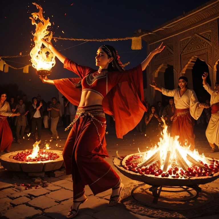 The great festival of dancing around the pomegranate fire, ancient Iran