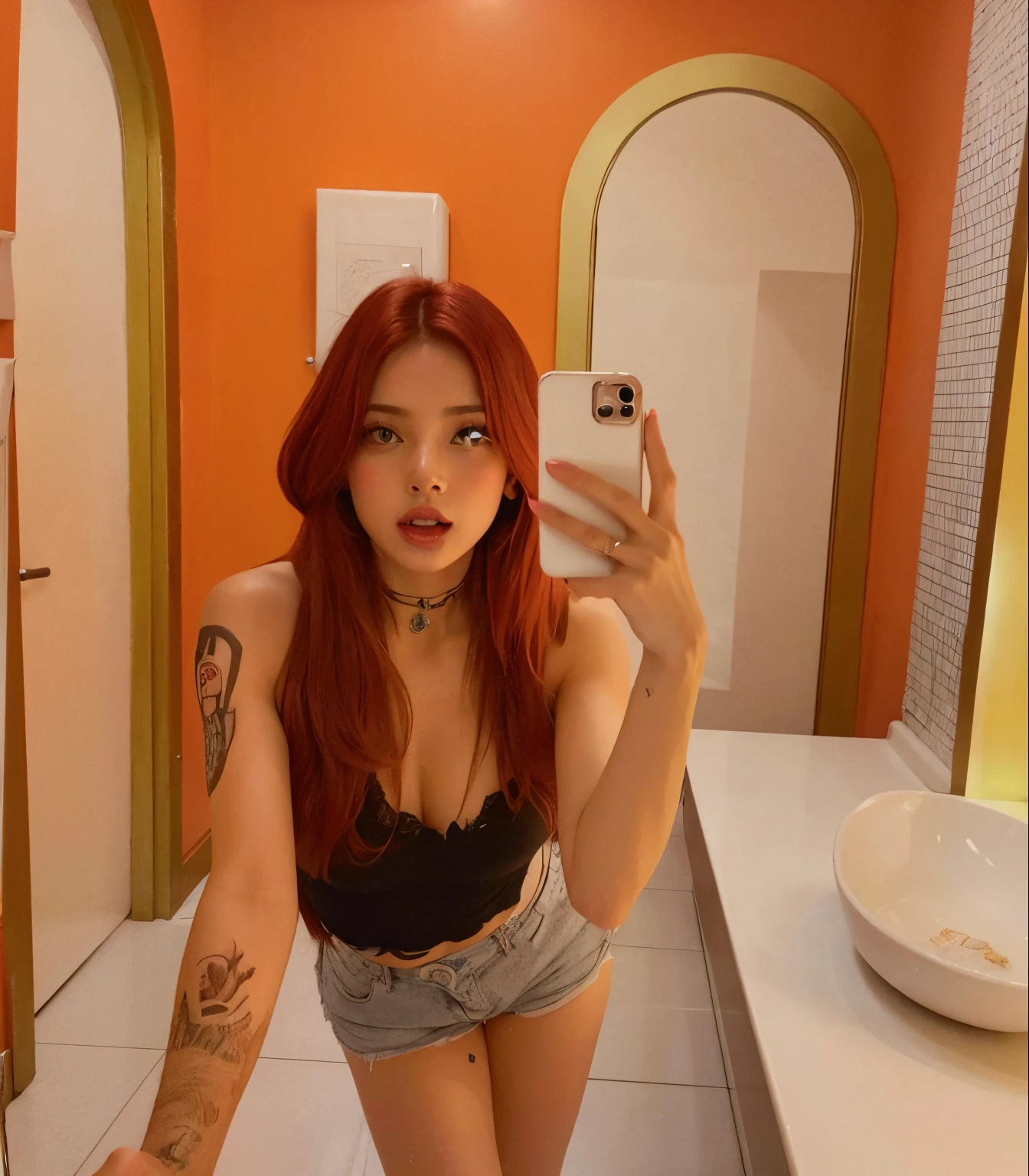 Lisa do blackpink tirando uma selfie em um banheiro com espelho, 18 anos, angelawhite, com cabelos ruivos, 1614572159, red hair and attractive features, 21 anos, Amouranth, red head, Deusa dos cabelos ruivos, Angiewolf, Lilith, ela tem cabelos ruivos
