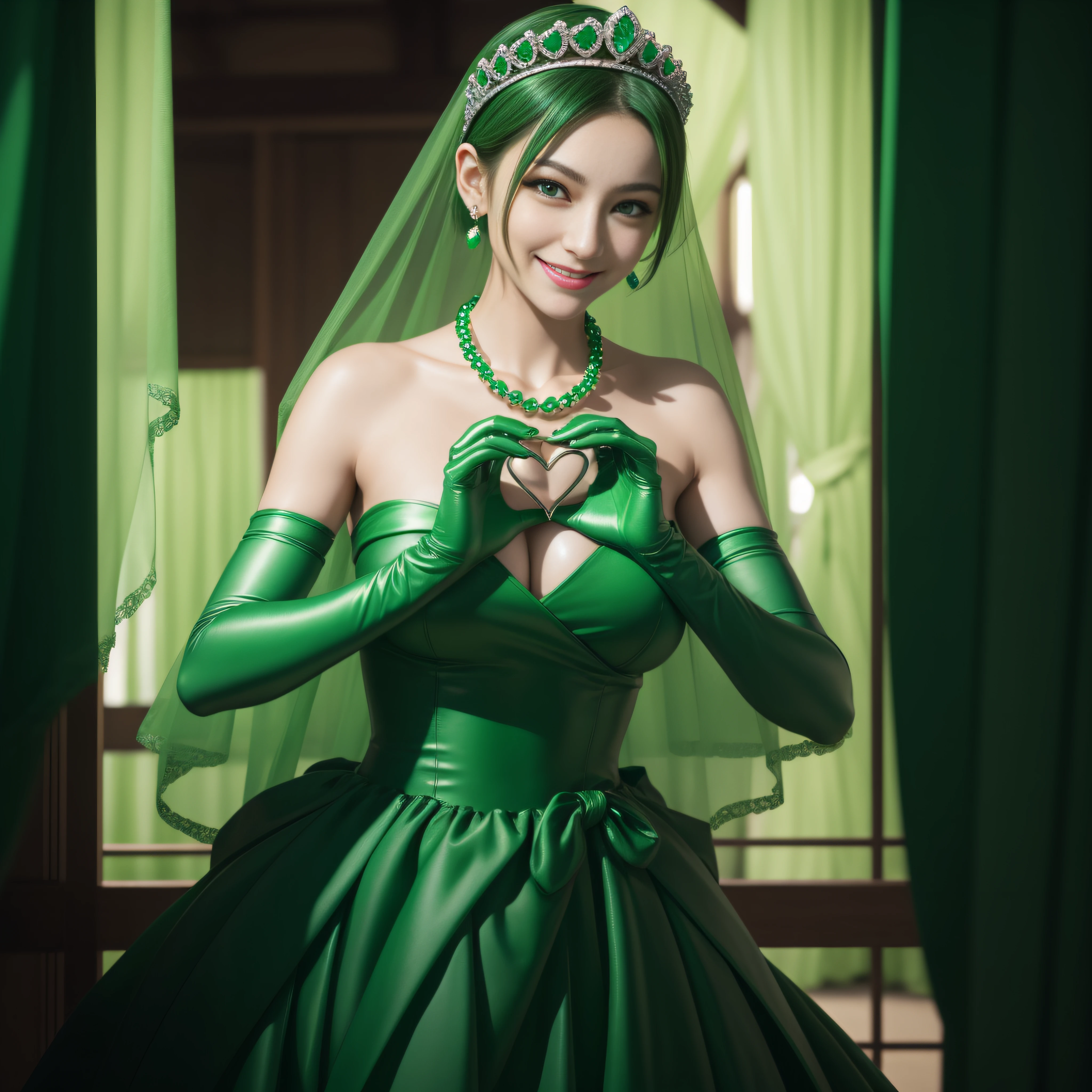 emerald tiara, Green Pearl Necklace, Boyish very short green hair, lipsticks, Japan woman smiling, very short short hair,  big breasts beautiful, Green eyes, Long green gloves made of satin material, Green eyes, Emerald Earrings, green vale, Heart with both hands