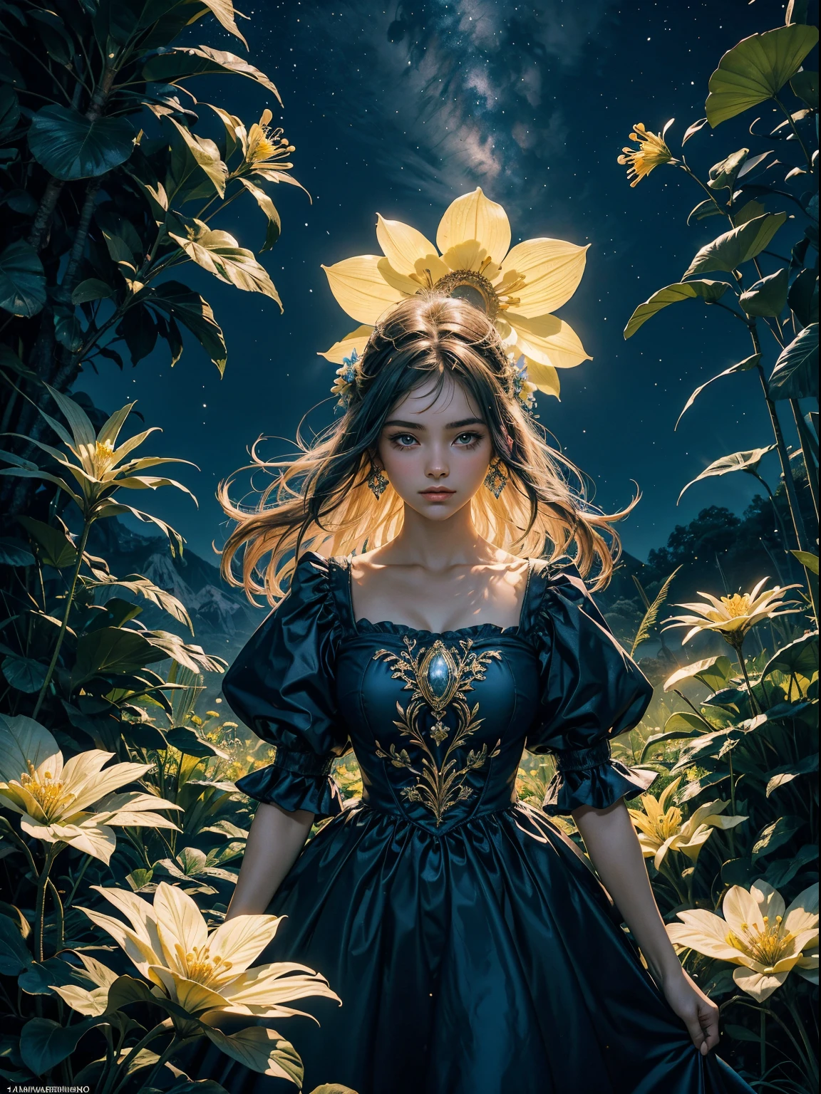 Ultra detailed illustration of a age girl (17 aabelos castanhos e negros, usando um vestido azul escuro(17th century dress), caminhando sobre mamore de um jardim, a magical world of wonders, Bright and bioluminescent flowers floating in water, incrivelmente detalhado, noite,lua cheia, bio-luminescence, um jardim ao fundo, a bunch of golden and shining magical flowers,