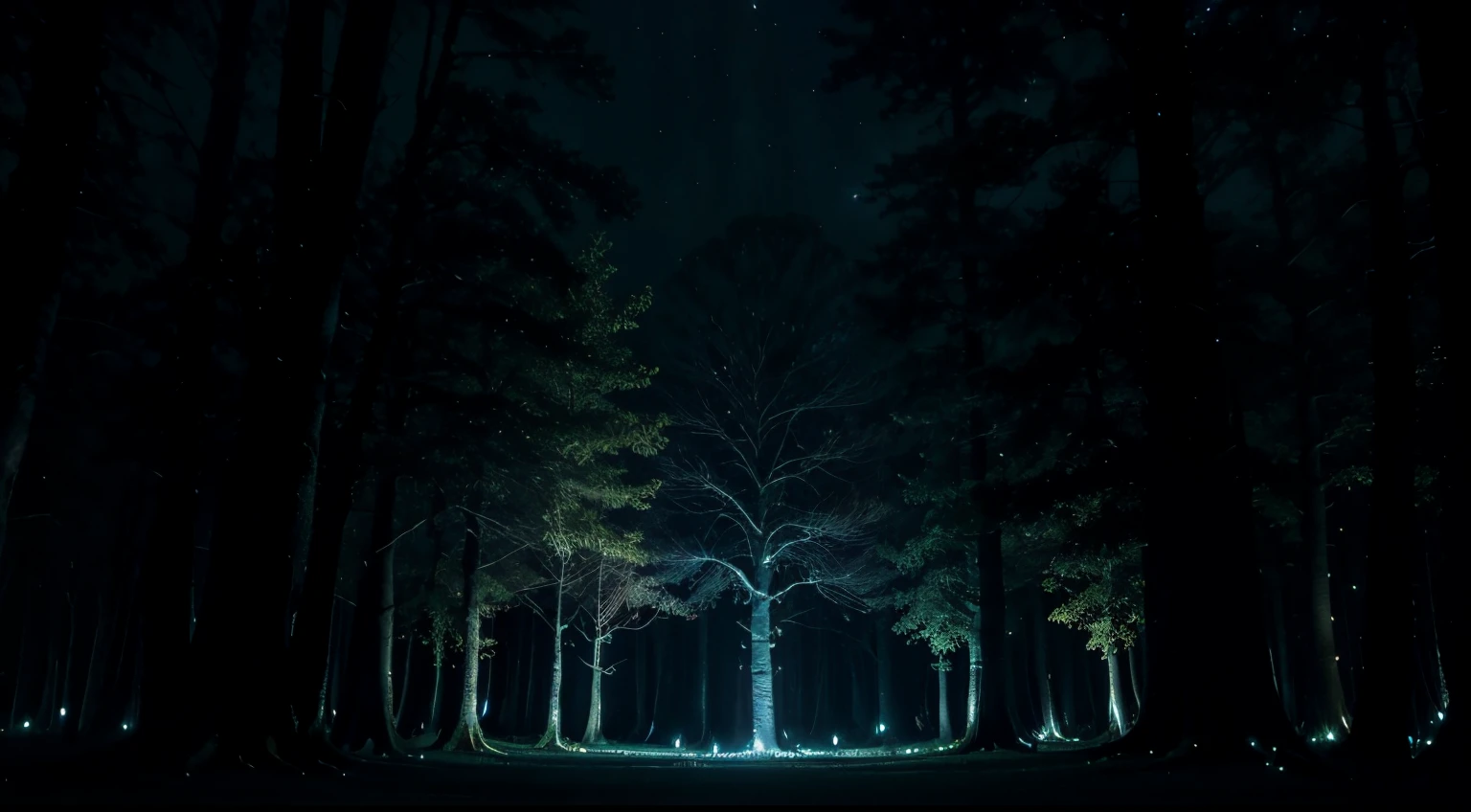A mystical forest shrouded in darkness, illuminated only by the soft glow of fireflies dancing among the trees. The moonlight casts an eerie blue hue over the twisted branches and gnarled roots, creating a hauntingly beautiful scene.