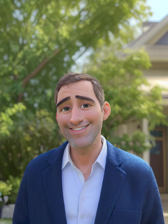 smiling man in a blue jacket and white shirt standing in front of a house, brett goldstein, andrew bernstein, david kassan, david rudnick, jonathan zawada, george doutsiopoulos, paul pepera, david baldeon, mike franchina, taken in the early 2020s, by Marshall Arisman, by Steven Belledin, portrait photo