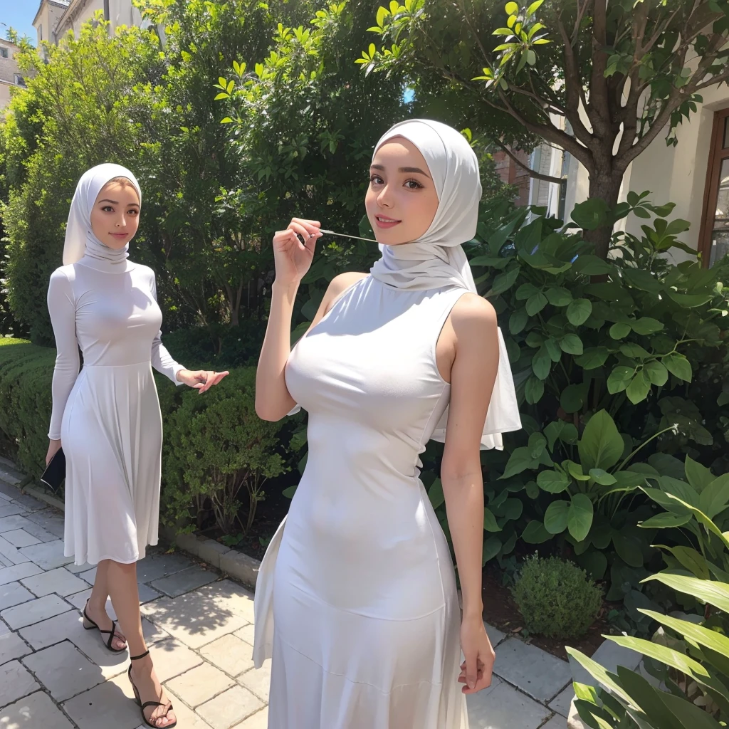 .RAW, Best quality, High resolution, Masterpiece: 1.3), Deux belles femmes malaises en hijab,Masterpiece, Corps slim fit parfait, (huge breasts), De grands yeux magnifiques, doux sourire, Delicate turtleneck printed sun dress, collier, bande de cheveux, Afternoon Walk, Jardin de ville, Excellent lighting, couleurs vives, clean lines