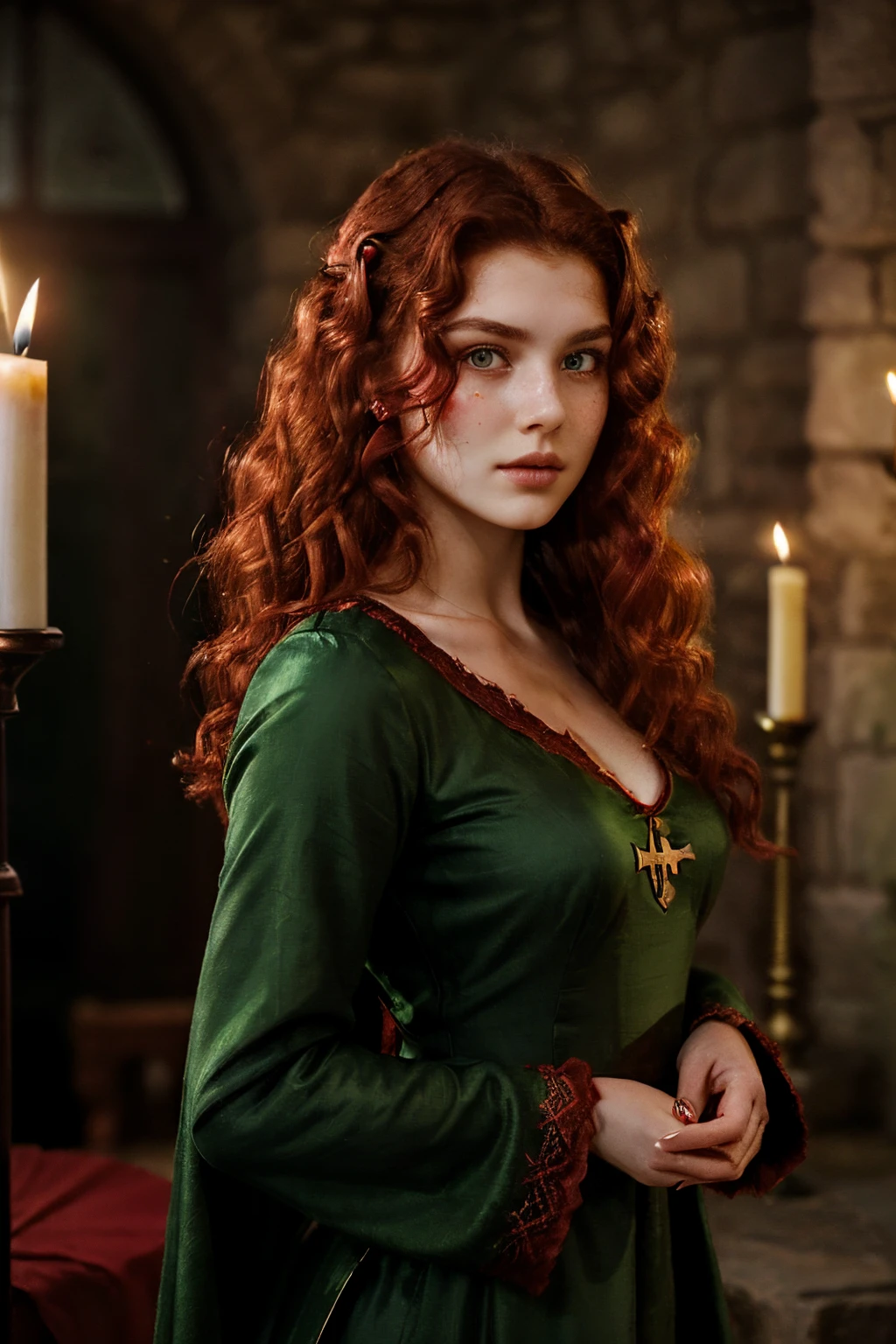 (((a deep reddish wound crosses her left cheek))) fair complexion, woman around 19 years old, natural red curly hair, distinctive green eyes, wearing kohl, slender and graceful, beautiful, candlelight in a medieval setting, ultra sharp focus, realistic shot, medieval female clothes, tetradic colors