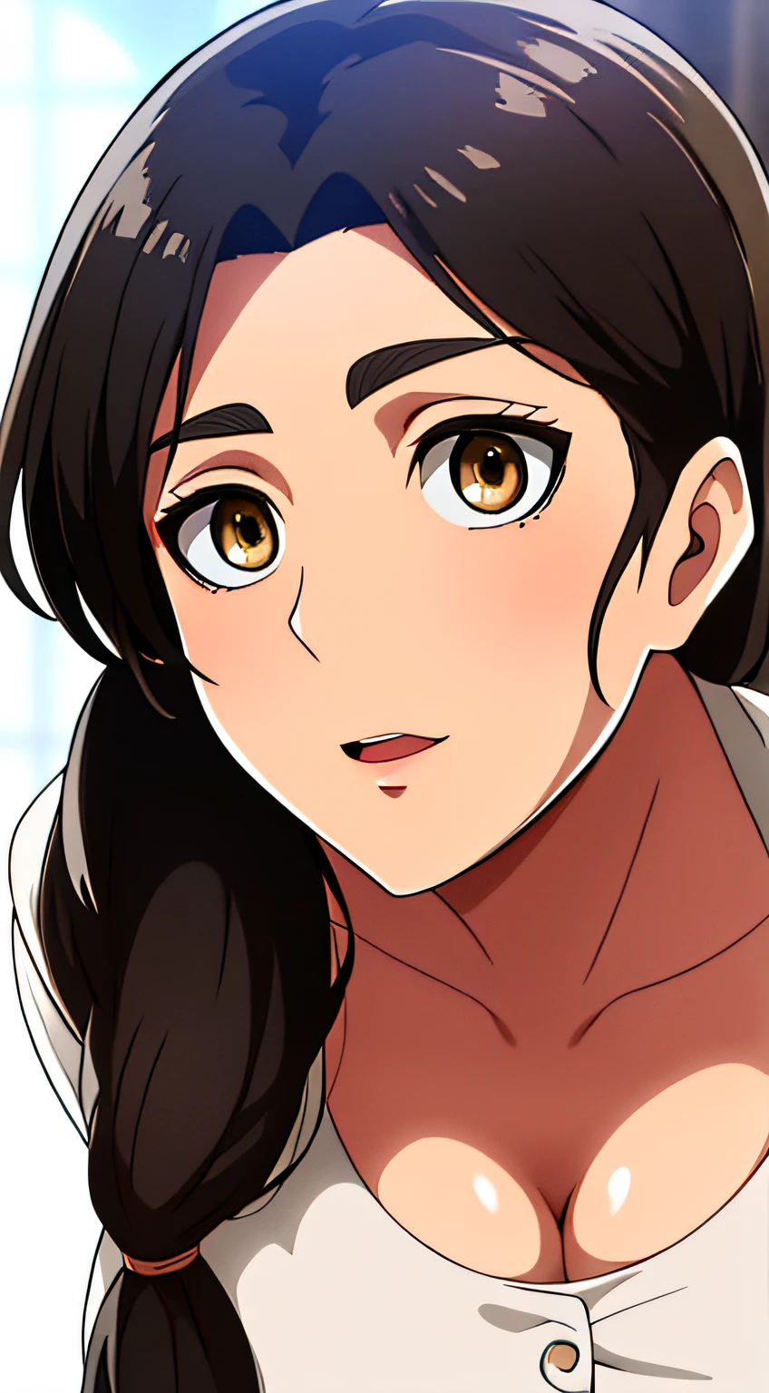 Camisa amarilla,escote, 鎖骨, mangas largas,Delantal blanco, cabello negro, brown eyes, flequillo, single braid, 1 girl in, 20yo,Mujer joven,hermoso cuerpo,Hermosa nariz,Beautiful character design, ojos perfectos, Cara perfecta,ojos expresivos, Mirando al espectador,(superior_cuerpo),(primer plano),(Focus on her face), Arte Oficial, face, breasts, big breasts, armpits
