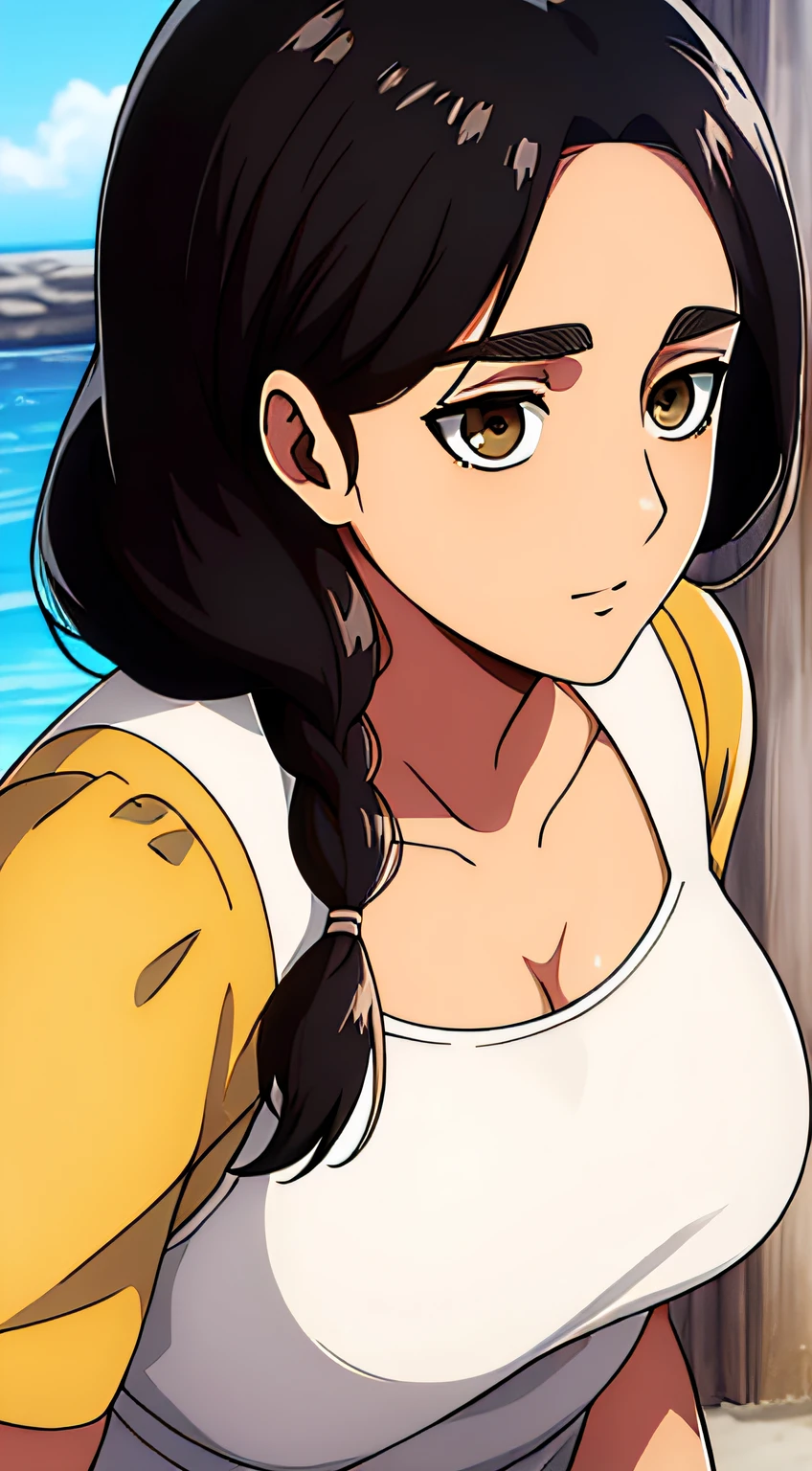 Camisa amarilla,escote, 鎖骨, mangas largas,Delantal blanco, cabello negro, brown eyes, flequillo, single braid, 1 girl in, 20yo,Mujer joven,hermoso cuerpo,Hermosa nariz,Beautiful character design, ojos perfectos, Cara perfecta,ojos expresivos, Mirando al espectador,(superior_cuerpo),(primer plano),(Focus on her face), Arte Oficial, face, breasts, big breasts, armpits