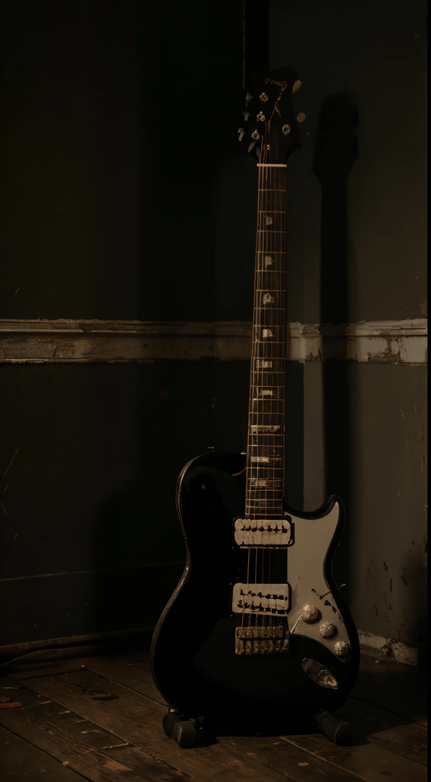 Grungy guitar sitting in the dark 4k