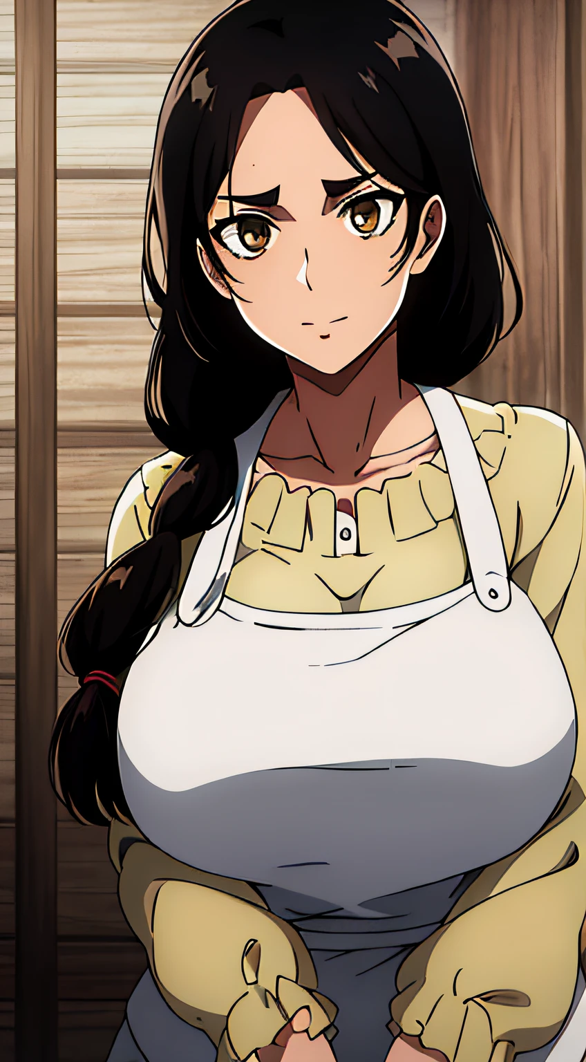 Camisa amarilla,escote, 鎖骨, mangas largas,Delantal blanco, cabello negro, brown eyes, flequillo, single braid, 1 girl in, 20yo,Mujer joven,hermoso cuerpo,Hermosa nariz,Beautiful character design, ojos perfectos, Cara perfecta,ojos expresivos, Mirando al espectador,(superior_cuerpo),(primer plano),(Focus on her face), Arte Oficial, face, breasts, big breasts, armpits