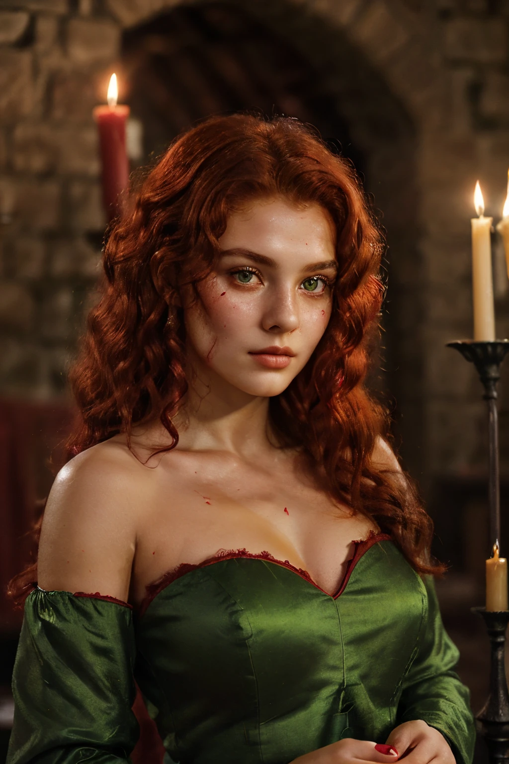 (((a deep reddish wound crosses her left cheek))) fair complexion, woman around 19 years old, natural red curly hair, distinctive green eyes, wearing kohl, slender and graceful, beautiful, candlelight in a medieval setting, ultra sharp focus, realistic shot, medieval female clothes, tetradic colors