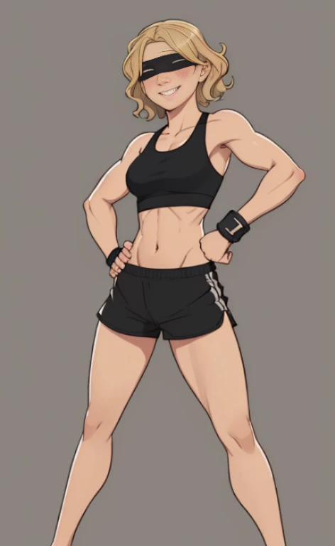 A beautiful blonde barefoot woman, with short wavy hair, wearing a black blindfold, a black sportsbra and sportsshorts, standing in a fist fighting pose, looking happy.