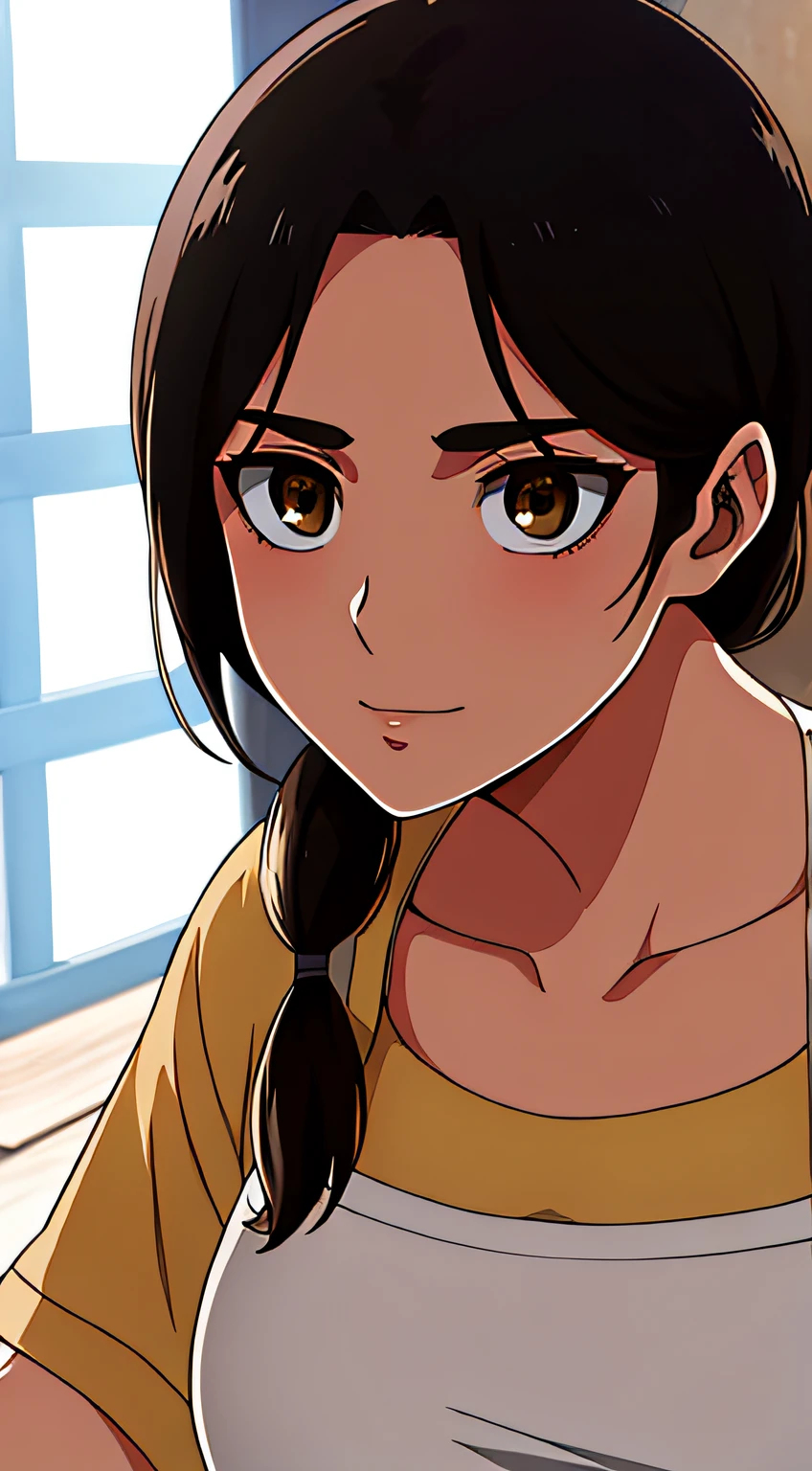 Camisa amarilla,escote, 鎖骨, mangas largas,Delantal blanco, cabello negro, brown eyes, flequillo, single braid, 1 girl in, 20yo,Mujer joven,hermoso cuerpo,Hermosa nariz,Beautiful character design, ojos perfectos, Cara perfecta,ojos expresivos, Mirando al espectador,(superior_cuerpo),(primer plano),(Focus on her face), Arte Oficial, face, breasts, big breasts, armpits