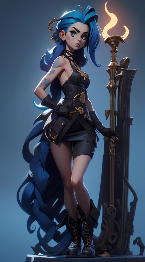 Conception des personnages de Jinx, Mouvements dynamiques, Poitrine nue, couvre la poitrine avec ses mains, gonflé ,  derrière, Chaton, sexypose, belle silhouette, Le Jinx d’Arcane, Des étincelles bleu vif et violet tout autour, Des yeux brillants, Yeux brillants roses, cheveux longs, cheveux, tressées en longues tresses, Les queues de cochon pendent sous le genou, La couleur des cheveux passe du bleu vif au bleu marine, Vêtu d’une culotte marron, Bottes en cuir aux pieds, Haut avec quatre cercles dorés sur la poitrine au milieu de la poitrine, Tatouages de nuages bleus sur les épaules et la taille, frange longue, accroché sur le côté droit, Ceinture avec cartouches sur la ceinture, Style arcane, fond d’écran CG unity 8k extrêmement détaillé, Lumière détaillée, éclairage cinématographique, aberration chromatique, Brillant, inexpressif, composition épique, sombre en arrière-plan, Cherecter Desing, très détaillée, corps détaillé, Vibrants, face détaillée, mise au point nette, Art d’anime, Vibrants, face détaillée, Hugh Détails, mise au point nette, Visage très tombant, Un œil détaillé, Illustration super fine, meilleure ombre, Détails finement, Belle lueur détaillée, Beau détaillé, extrêmement détaillée, inexpressif, composition épique,