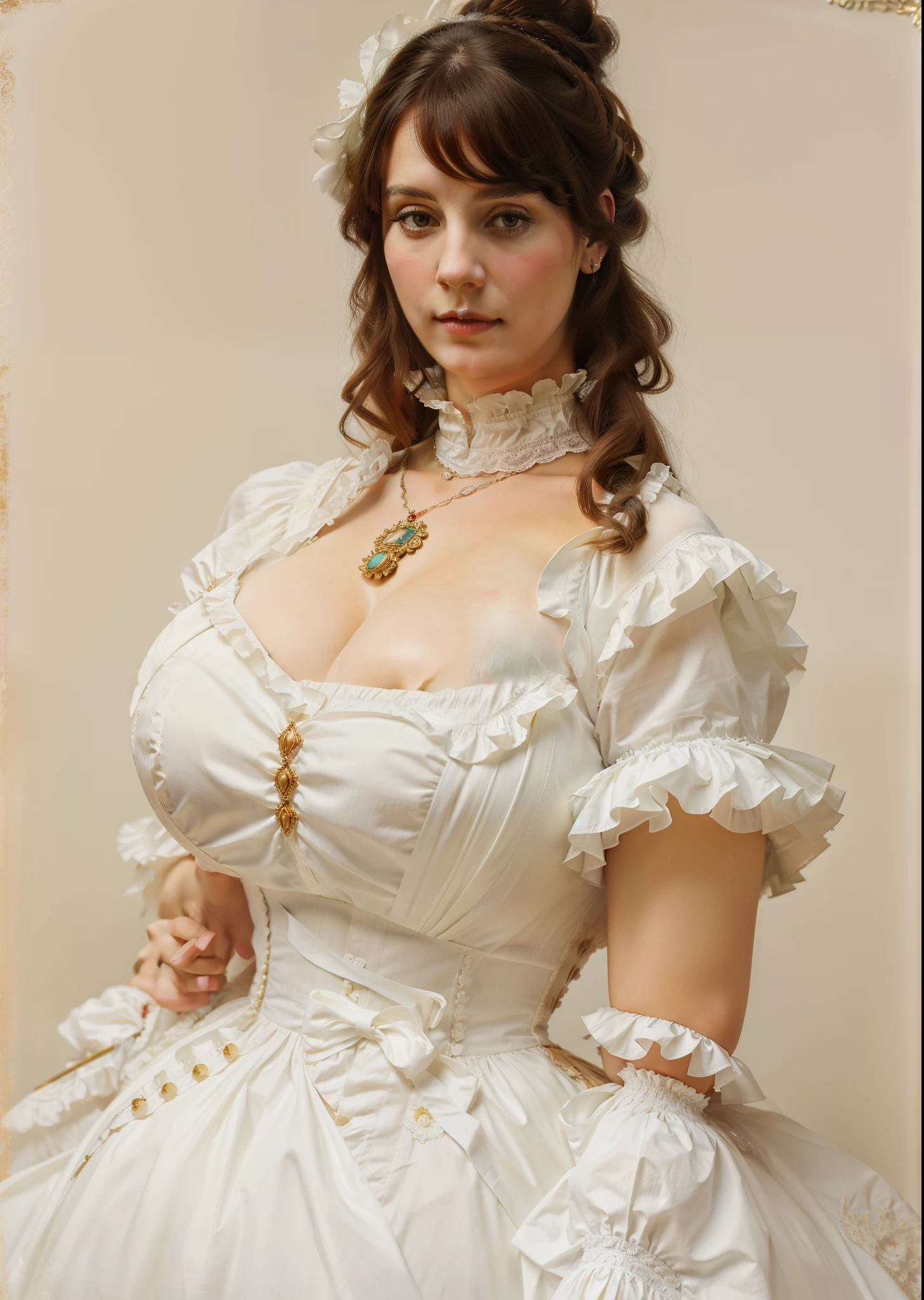 a young woman with very huge boobs in a white dress, beautiful character painting, inspired by Franz Xaver Winterhalter, a beautiful victorian woman, portrait of ta, victorian era painting, victorian female portrait, a beautiful woman in white, charles sillem lidderdale, fantasy victorian art, art of edouard bisson, by Karl Bryullov, victorian lady