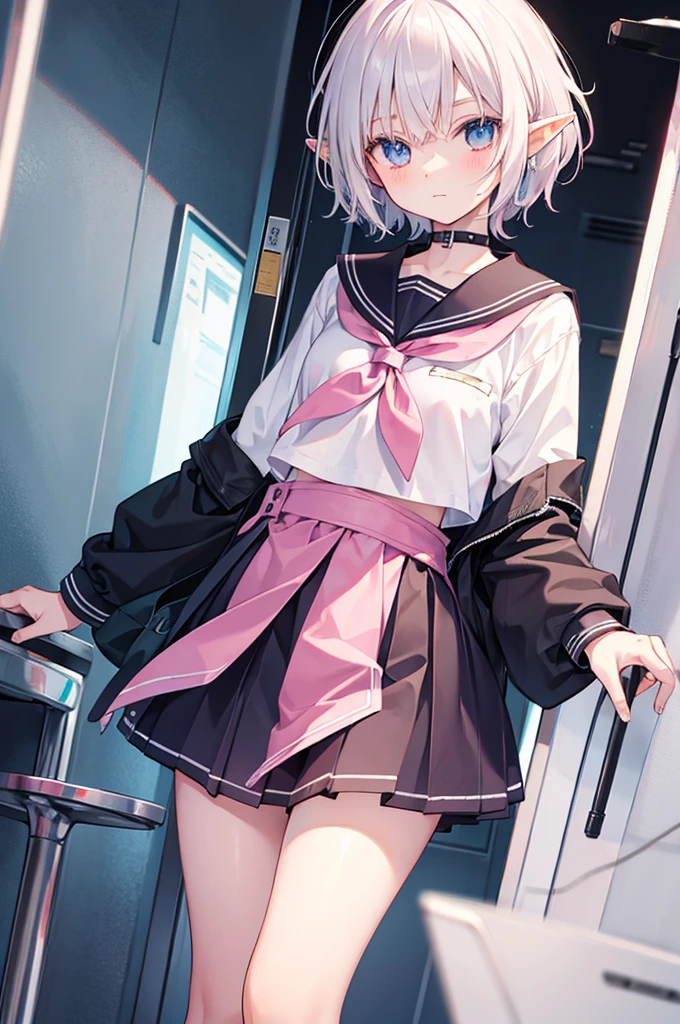 male elf, short white hair, slender, stuck in a pink girls sailor school uniform,