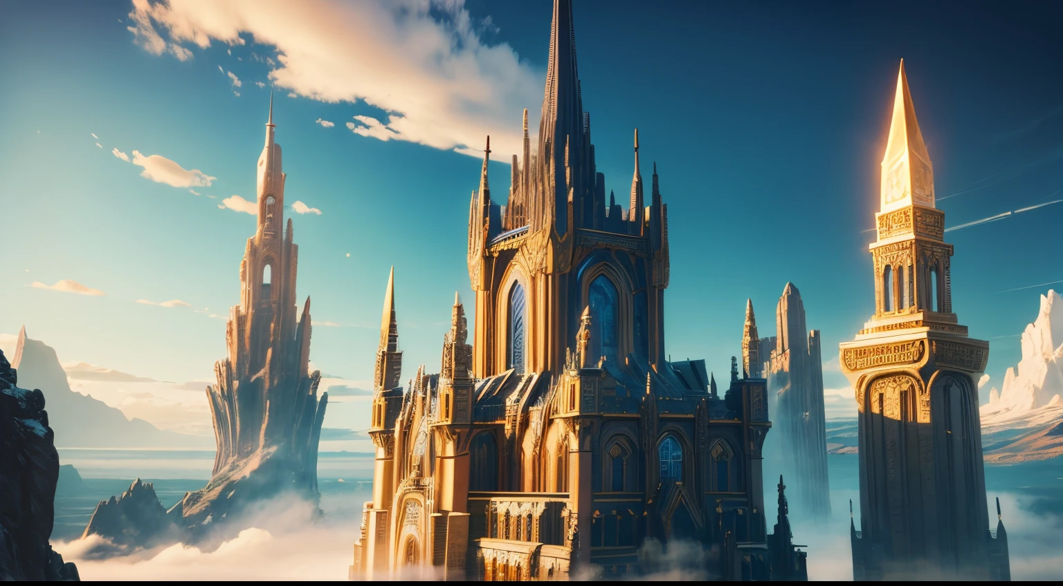 Asgard, the majestic city of the gods, rises high above the clouds, its golden spires reaching towards the heavens. The walls are adorned with intricate carvings depicting the gods' triumphs over the giants, a reminder of their strength and power.