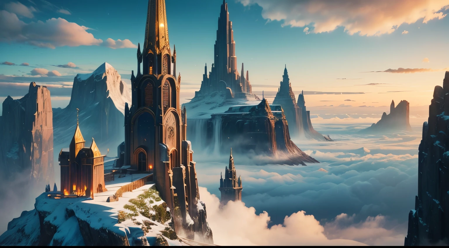 Asgard, the majestic city of the gods, rises high above the clouds, its golden spires reaching towards the heavens. The walls are adorned with intricate carvings depicting the gods' triumphs over the giants, a reminder of their strength and power.