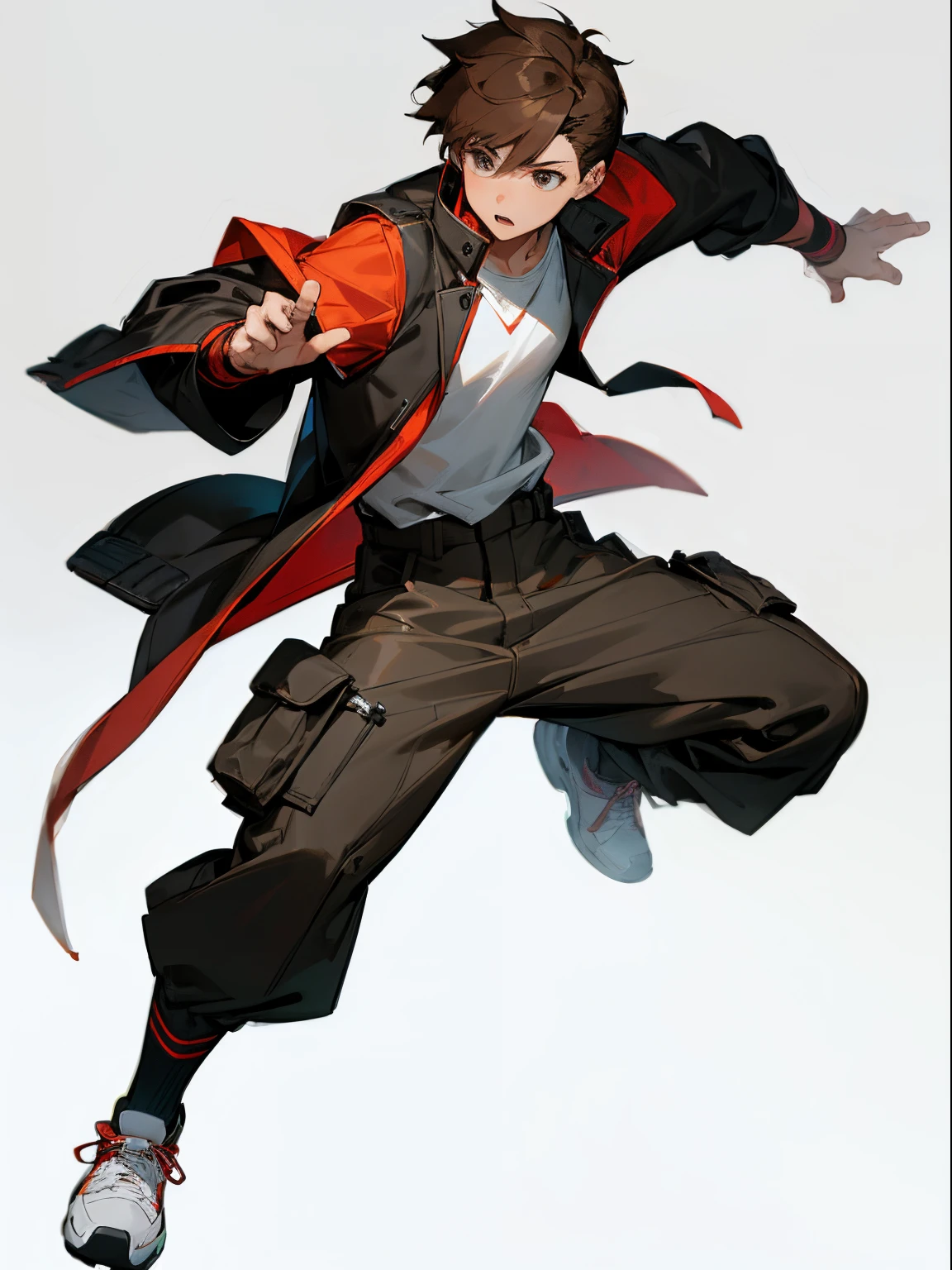 Male young , brown hair, white shirt with sleeves outside, black/red sleeveless jacket, grey cargo pants, white sport sneakers, full body, standing, 4k, realistic, white background, fighting position, modern clothes, anime style