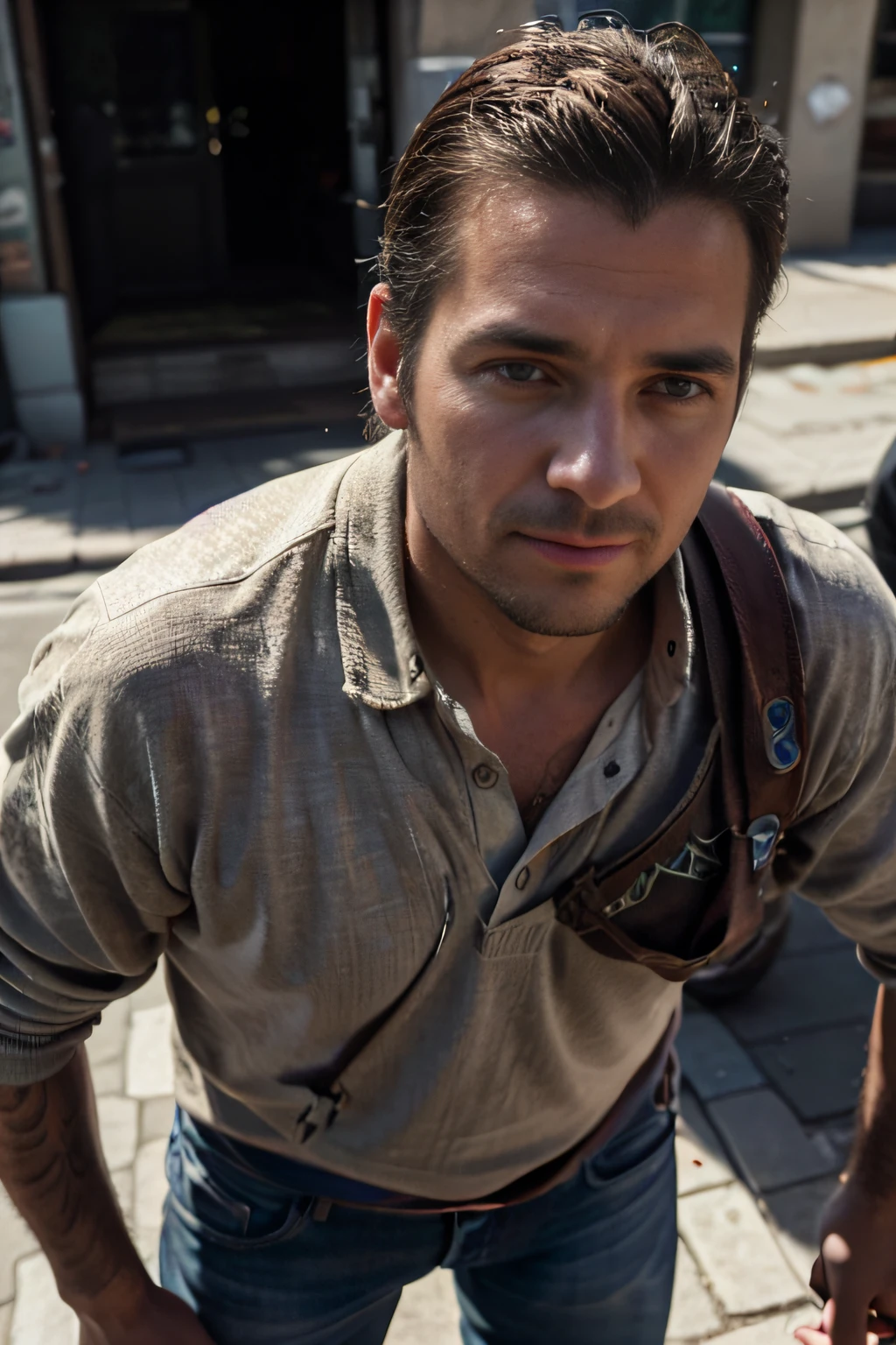 Photo by Steve McCurry, 38 year old (((man))), german journalist Christian Schneider, designer stuble, tired, resignated face expression, ((standig in the streets of Kabul Afghanistan)), wearing khaki linen shirt and jeans, hot and sunny weather, Natural Lighting, Diffraction Grading, insanely detailed and intricate, hypermaximalist, super detailed, (from above), F/2.8, Cinematic Lighting, hyper realistic, warm lights, intricate details, muscle diffused lighting, centered composition, 24 mm, f 1. 8 lens with leica,