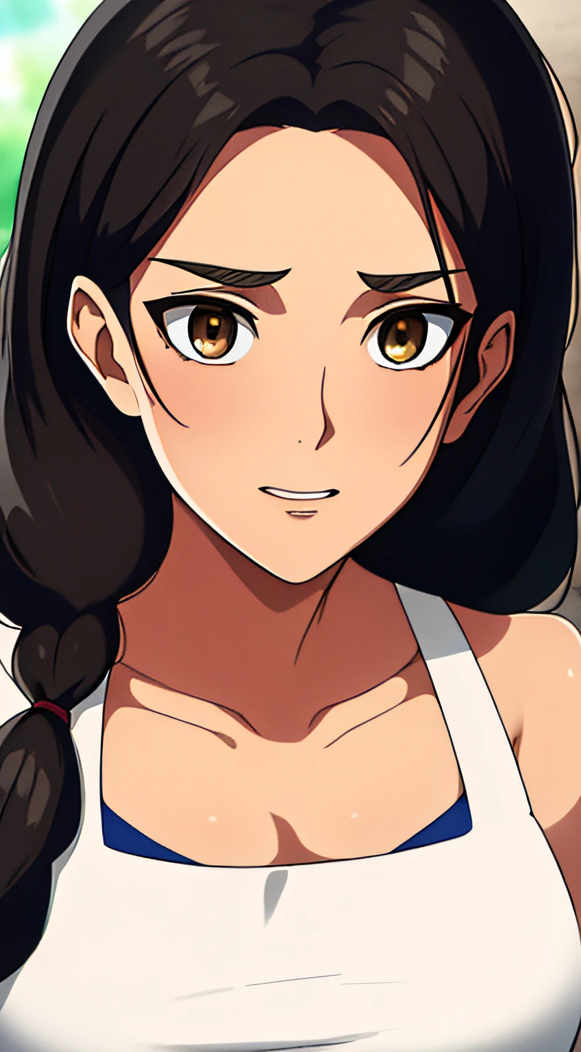 Camisa amarilla,escote, 鎖骨, mangas largas,Delantal blanco, cabello negro, brown eyes, flequillo, single braid, 1 girl in, 20yo,Mujer joven,hermoso cuerpo,Hermosa nariz,Beautiful character design, ojos perfectos, Cara perfecta,ojos expresivos, Mirando al espectador,(superior_cuerpo),(primer plano),(Focus on her face), Arte Oficial, face, breasts, big breasts, armpits