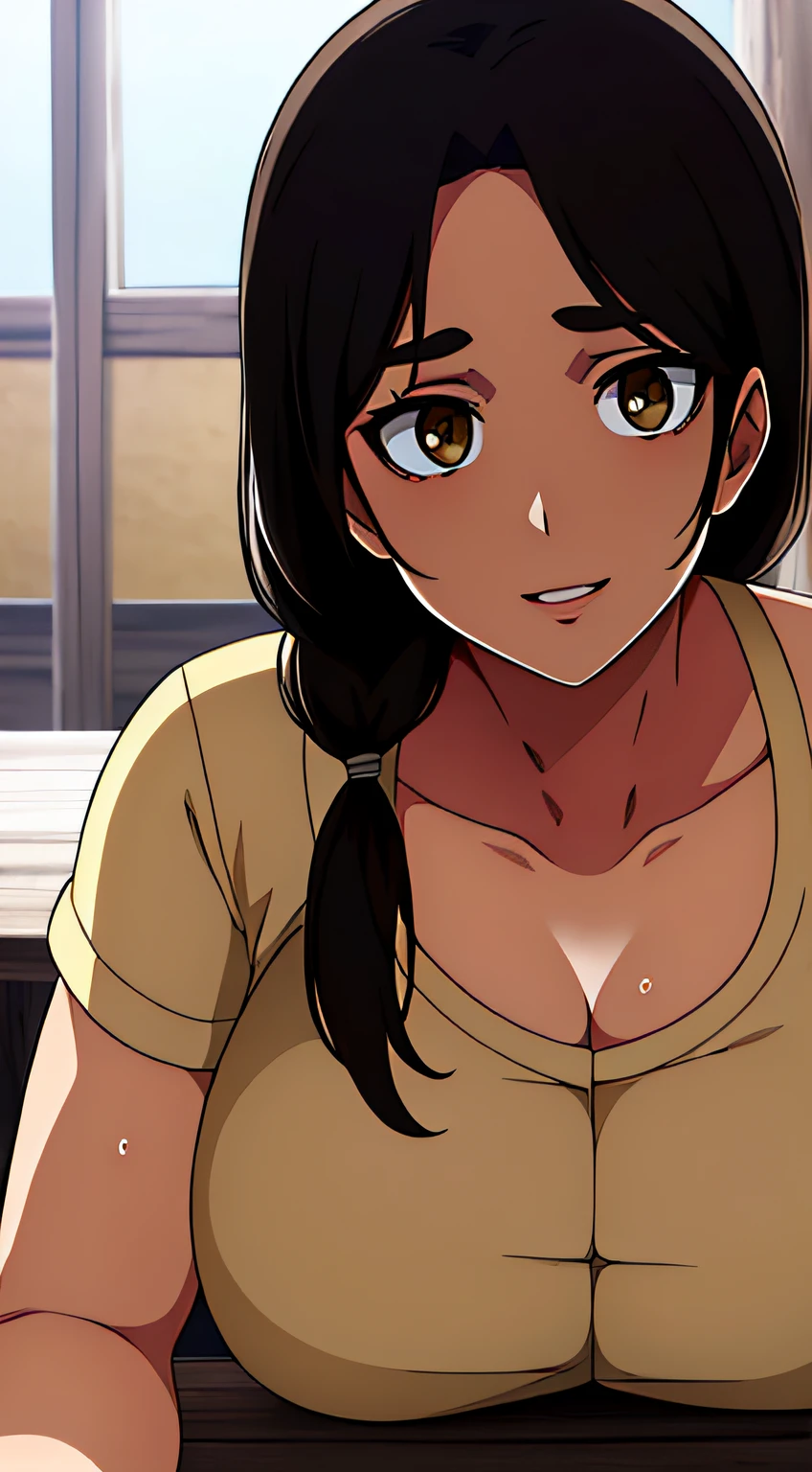 Camisa amarilla,escote, 鎖骨, mangas largas,Delantal blanco, cabello negro, brown eyes, flequillo, single braid, 1 girl in, 20yo,Mujer joven,hermoso cuerpo,Hermosa nariz,Beautiful character design, ojos perfectos, Cara perfecta,ojos expresivos, Mirando al espectador,(superior_cuerpo),(primer plano),(Focus on her face), Arte Oficial, face, breasts, big breasts, armpits