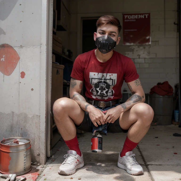 A boy with a red, medium-fade haircut, a gray respirator, a belt with spray paint cans on it, a red t-shirt, and black shorts and shoes