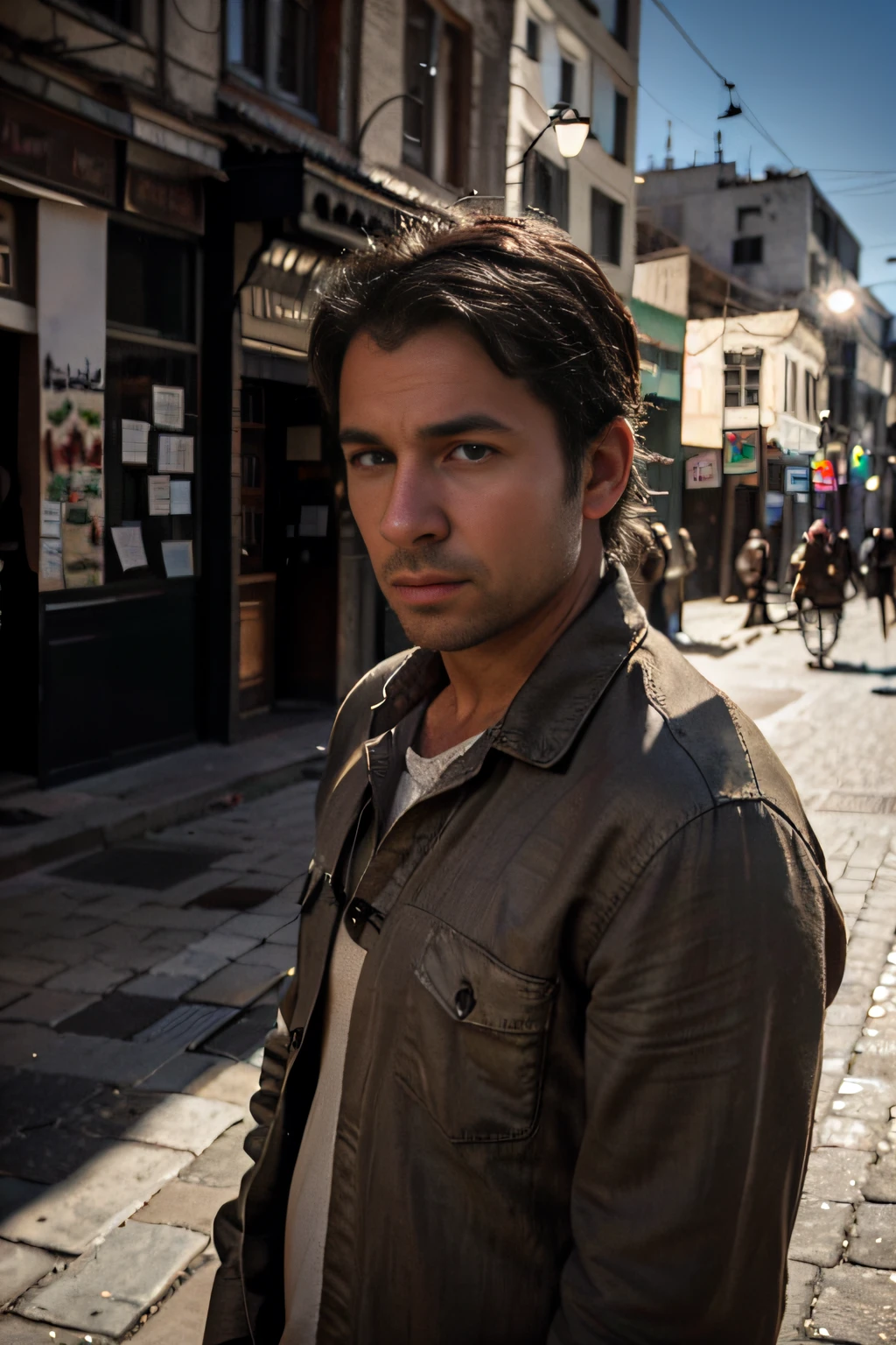 Photo by Steve McCurry, 38 year old (((man))), german journalist Christian Schneider, designer stuble, tired, resignated face expression, ((standig in the streets of Kabul Afghanistan)), wearing khaki linen shirt and jeans, hot and sunny weather, Natural Lighting, Diffraction Grading, insanely detailed and intricate, hypermaximalist, super detailed, (from above), F/2.8, Cinematic Lighting, hyper realistic, warm lights, intricate details, muscle diffused lighting, centered composition, 24 mm, f 1. 8 lens with leica,