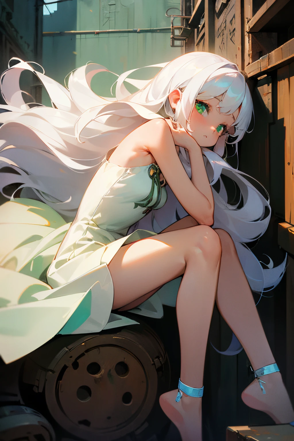 (RAW photo: 1.2), ((masterpiece)), (top-quality), 1girl, cute age girl, (small breast), beautiful white hair, silky long hair, deep green eyes, white short dress, (curled up:1.2), profile, hugging own legs, looking at viewer, (floating in the Slum street corner)
